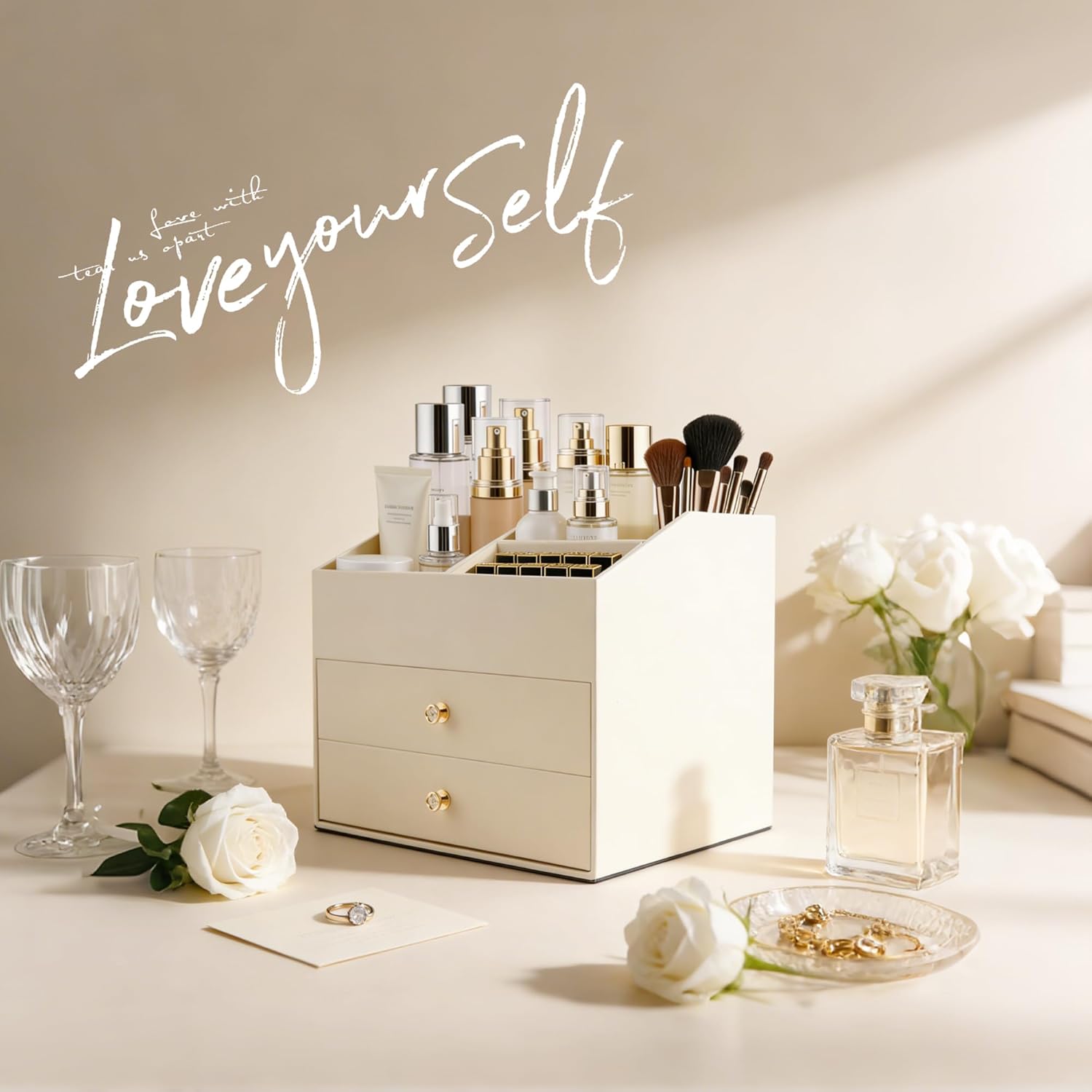 Homeanda Makeup Organizer with Drawers, PU Leather Cosmetic Storage Box Large Cosmetic Display Case for Skincare, Lipstick, Brushes, Bedroom Storage(Beige)