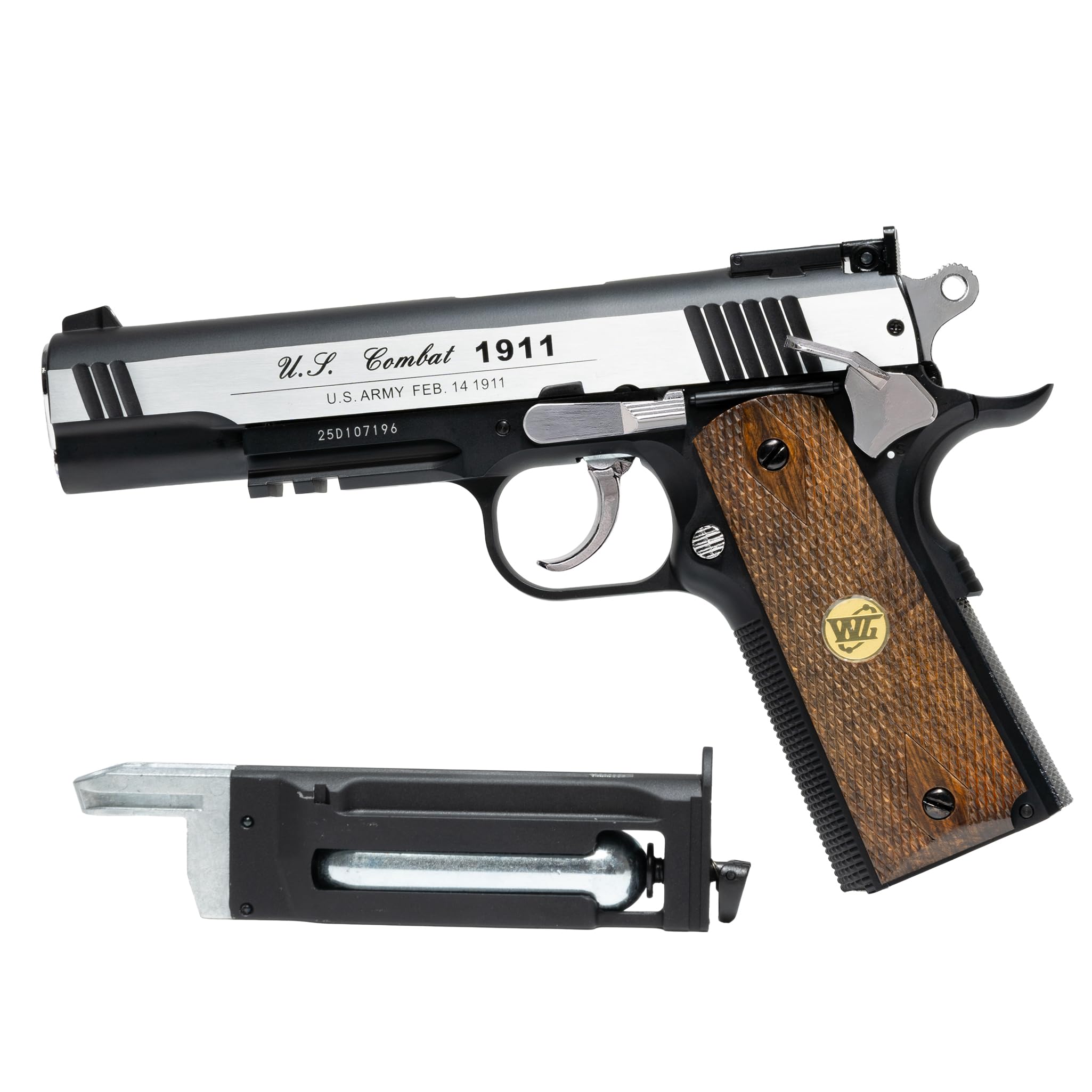 Pistola Softair Coltt 1911 CO2 Full Metal, Pistola a Pallini Scarrellante con 10 Bombolette, 1000 Pallini 6mm, Pistole Softair, Airsoft, colore nero, potenza 0,90 joule (LEGNO)