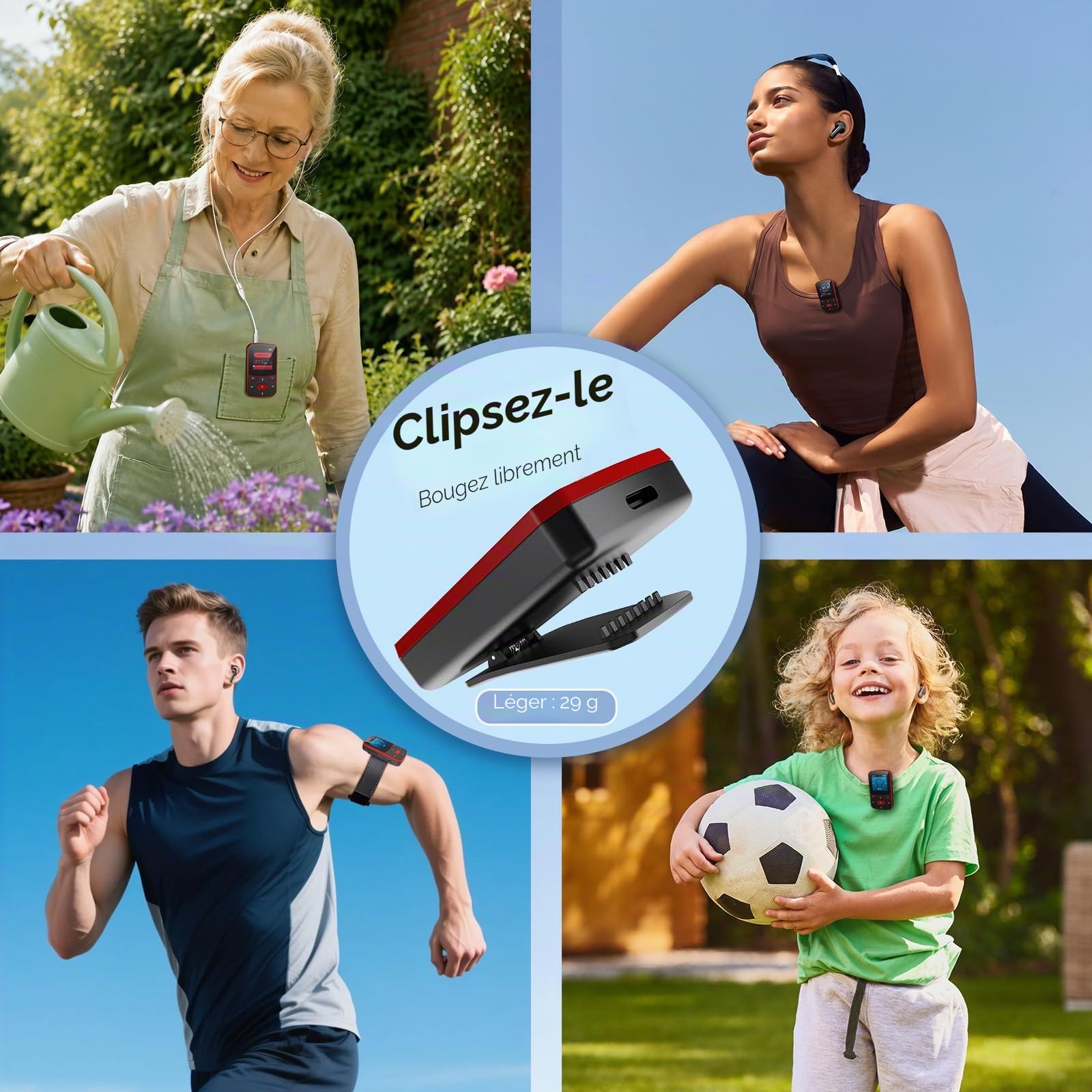 Lecteur MP3 64Go Bluetooth 5.3, Mini Portable 29g Fonction Reprise, Baladeur Numérique Sport Clip avec Boutons Physiques pour Utilisation à l'Aveugle, Radio FM, Dictaphone, Extensible jusqu'à 128Go