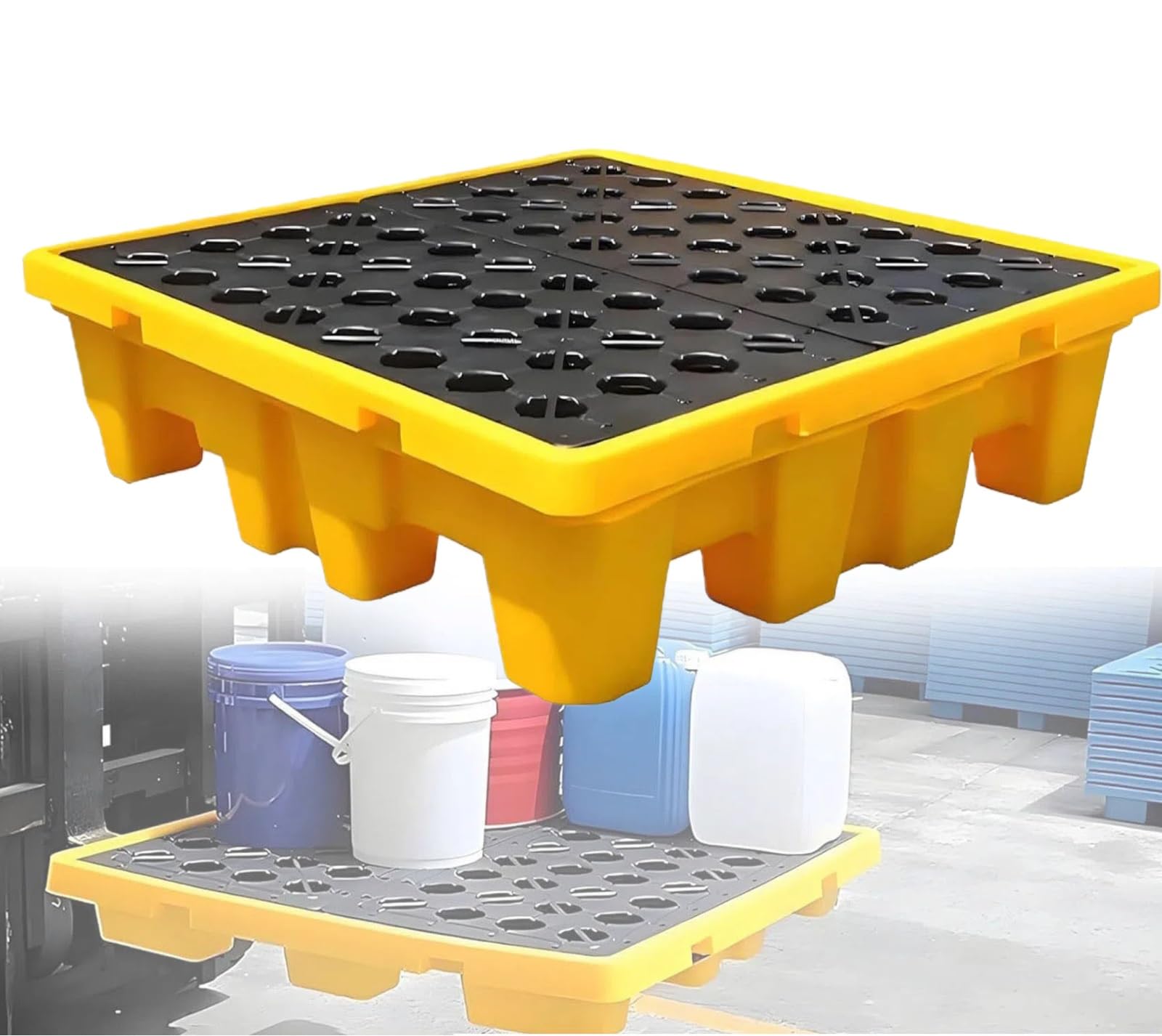 Générique Bac de rétention modulaire en polyéthylène avec Orifice de Drainage, bac Industriel pour huiles et Produits Chimiques, 66 x 36 x 12 cm, Protection Anti-fuites et Grille supérieure Plate