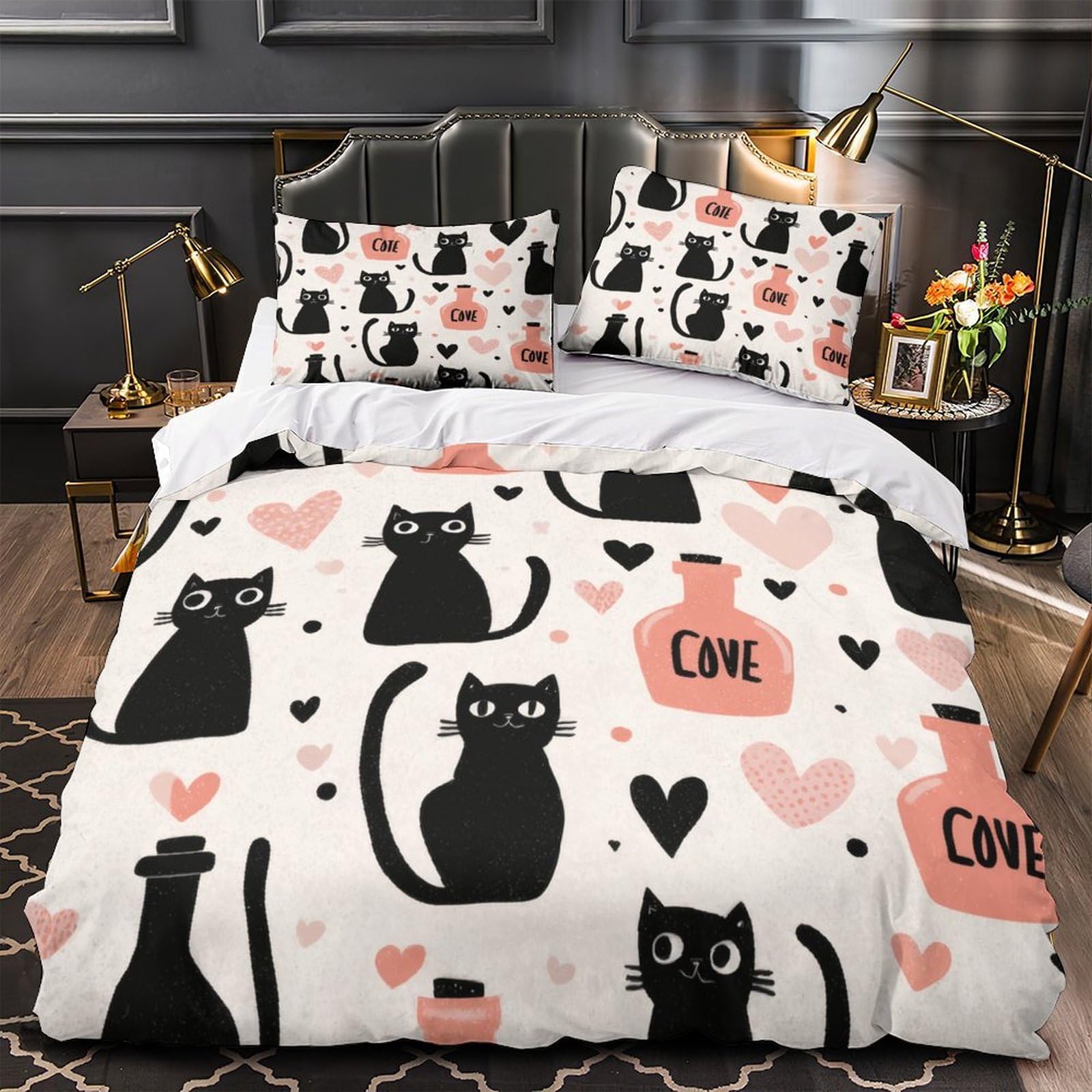 Parure de lit chat noir 140x200cm, le cadeau idéal pour femme et passionnée