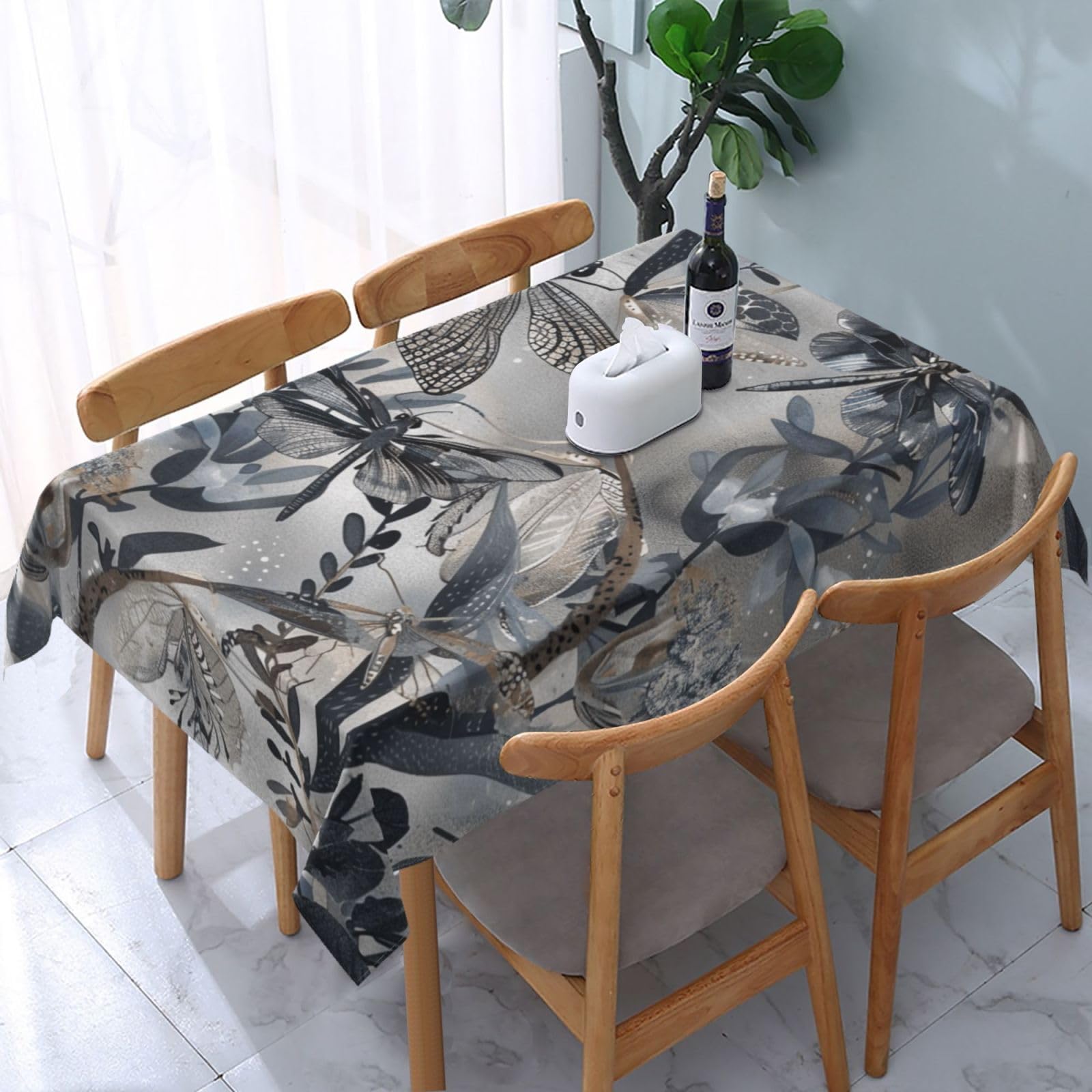 WPKJU Dragonflies Grey Printed Tablecloth Water Resistant Table Cover Washable Rectangle Table Cloth for Tables 54x72 in