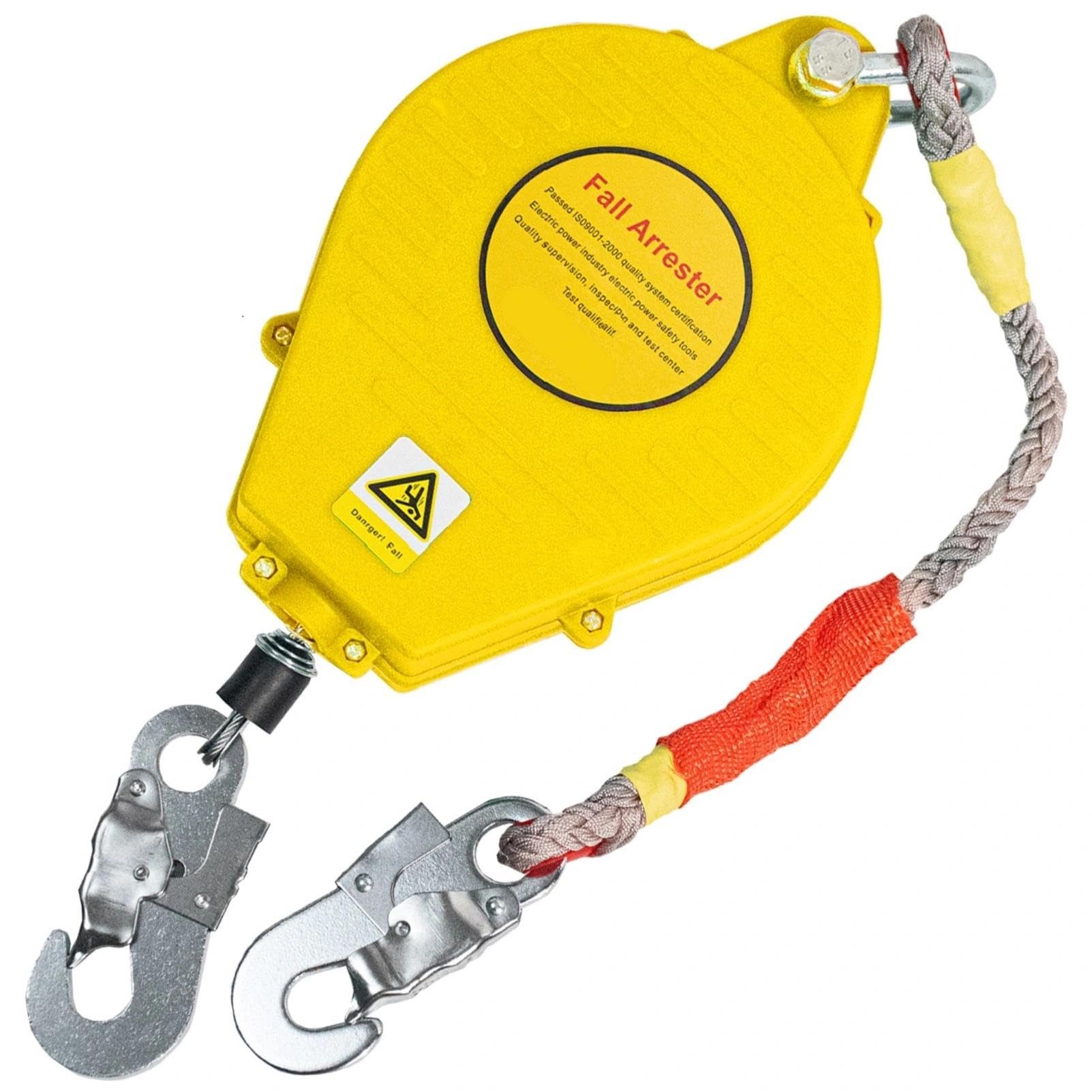 Dispositivo Anticaduta Retrattile Certificato 3-20m(Giallo,10 Metri) | 150kg Corda Imbracatura Imbracatura di Sicurezza Anticaduta per Tetto, Lavoro Aereo e Ponteggista con Gancio Autobloccante