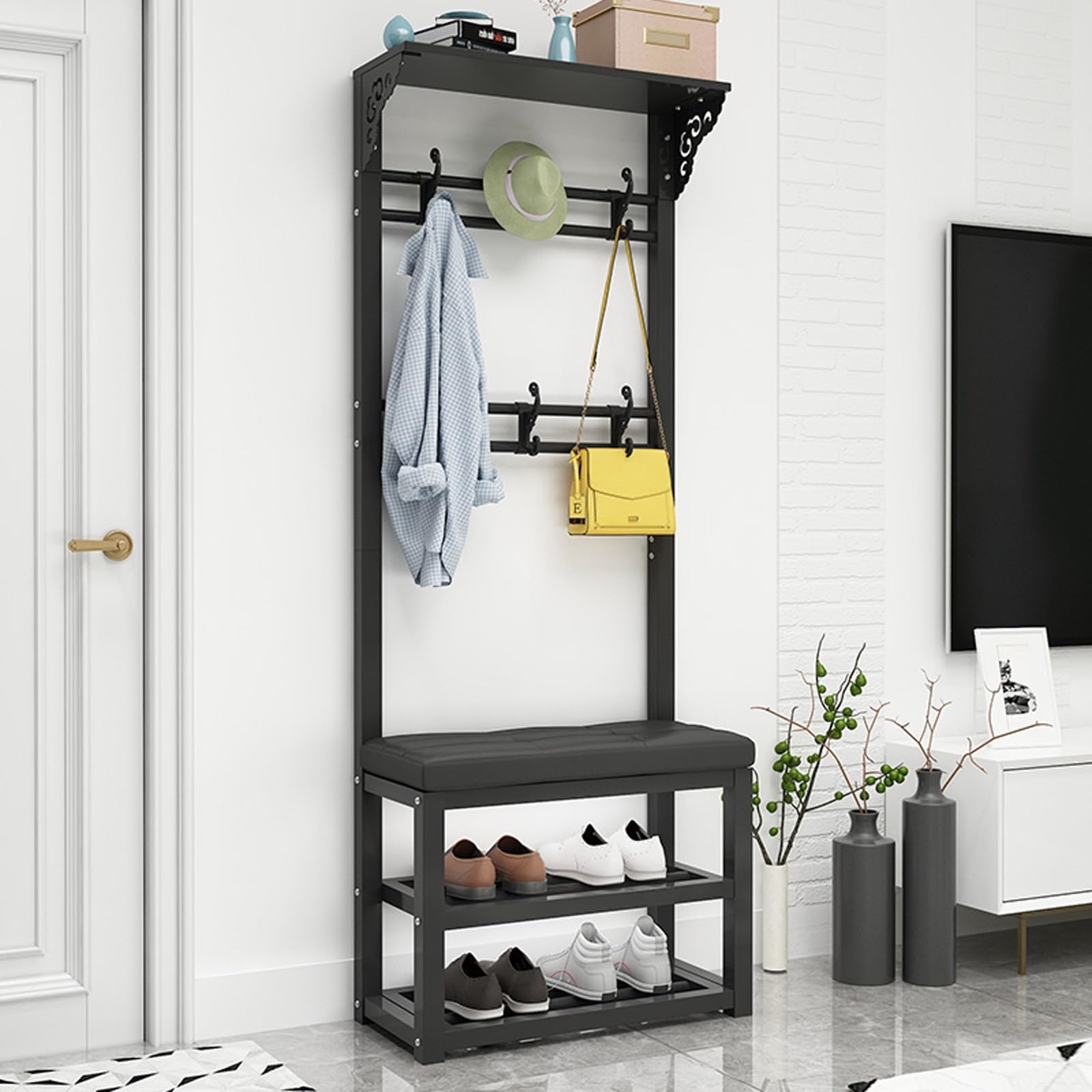 GHFXSCV Entryway Coat Rack with Shoe Bench, Metal Sto nizer with Comfortable Cush Seat, Ideal for Mudroom & Entryway Fur (60x30x172cm, Black)