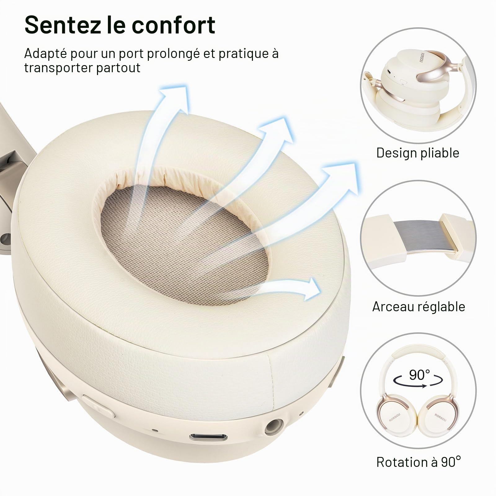 B8 Casque Bluetooth Supra-auriculaire, 6 Modes de Musique EQ et 50 Heures de Lecture, Basses Profondes, Casque sans Fil avec Micro, Casque stéréo HiFi léger et Pliable pour Beige Blanc