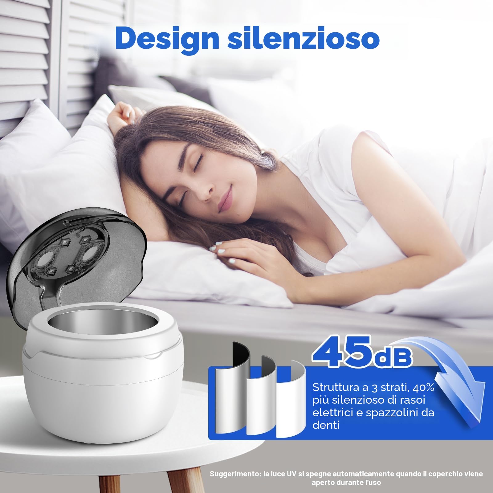Pulitore Ultrasuoni 50000Hz Ultrasonic Cleaner, 250ML Pulizia Bite Dentale con 4 Luci Automatiche di Pulizia UV per Apparecchio Denti, Protesi Dentali, Maschere Denti, Gioielli