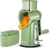SUSTEAS Rotary Cheese Grater with Handle - 5-Blade Vegetable Shredder, Strong Suction Base & Storage Box, Retro Green Kitchen Essential