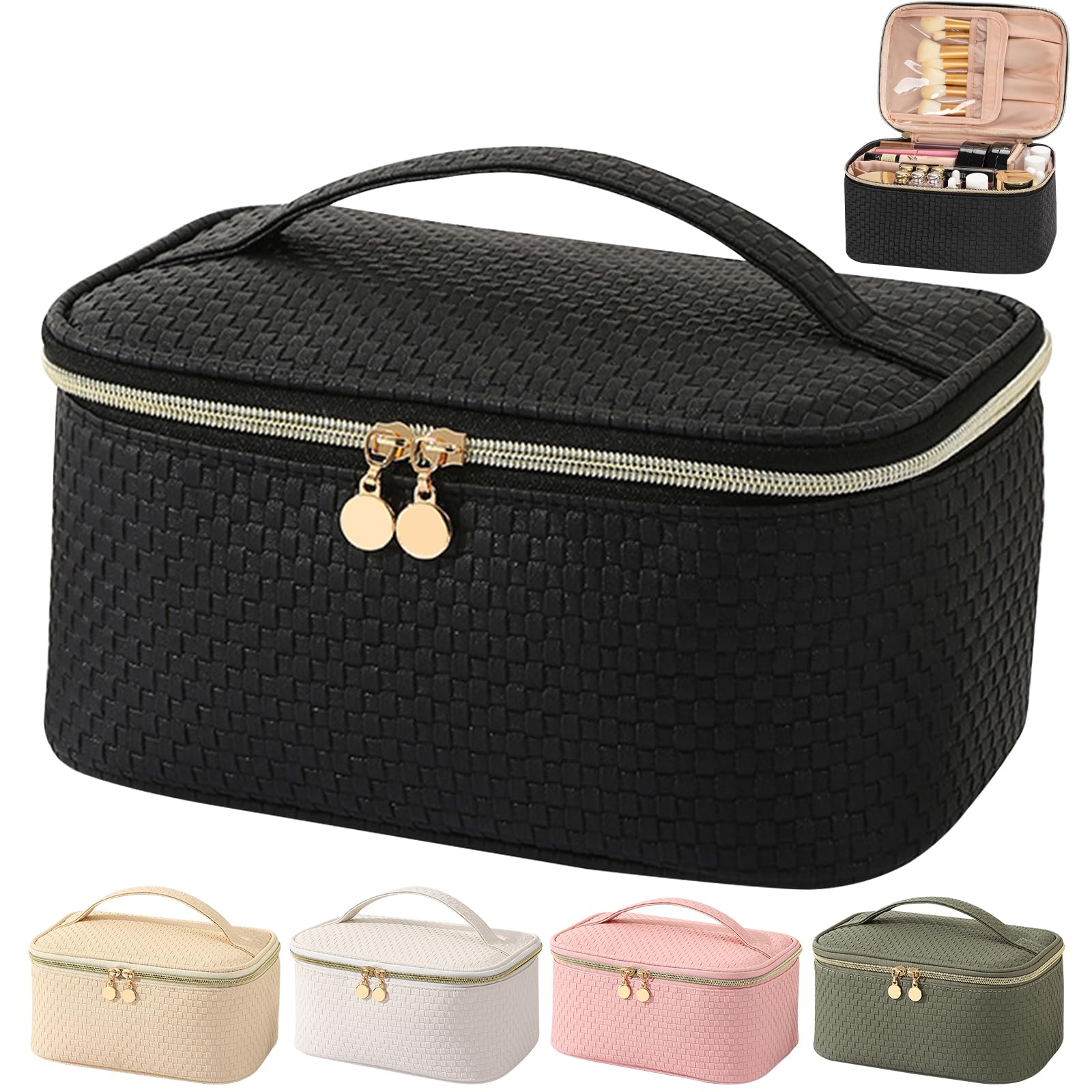 Neceser Maquillaje,Neceser Mujer Grande Viaje con Porta Brochas,Impermeable Bolsa de Maquillaje Organizador con Compartimento (Negro Elegante)