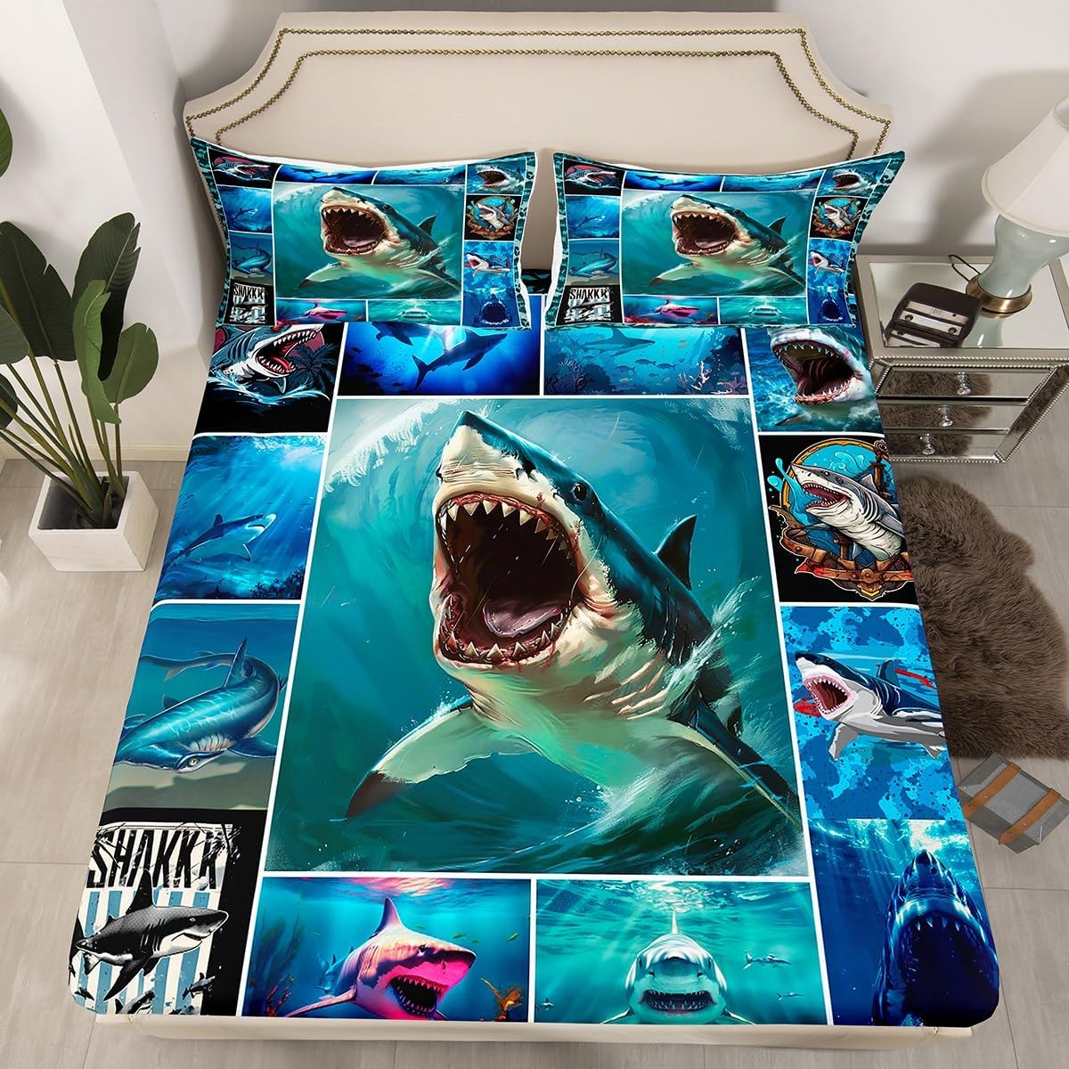3D Shark Bedding Set Twin Size Sea Animals Bed Set for Girls Teens Bedroom Decor Kids Shark Geometric Fitted Sheet Soft Microfiber Grid Squares Bed Cover(1 Fitted Sheet+1 Pillow Case)