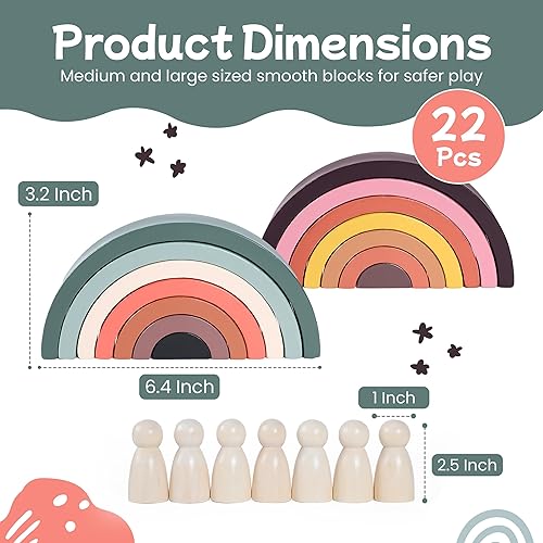 Miniatura 8 de Impresionante paquete de tres juegos de calidad Boho Montessori. Incluye 2 apiladores de arcoíris, 7 muñecas de clavija de madera y práctico