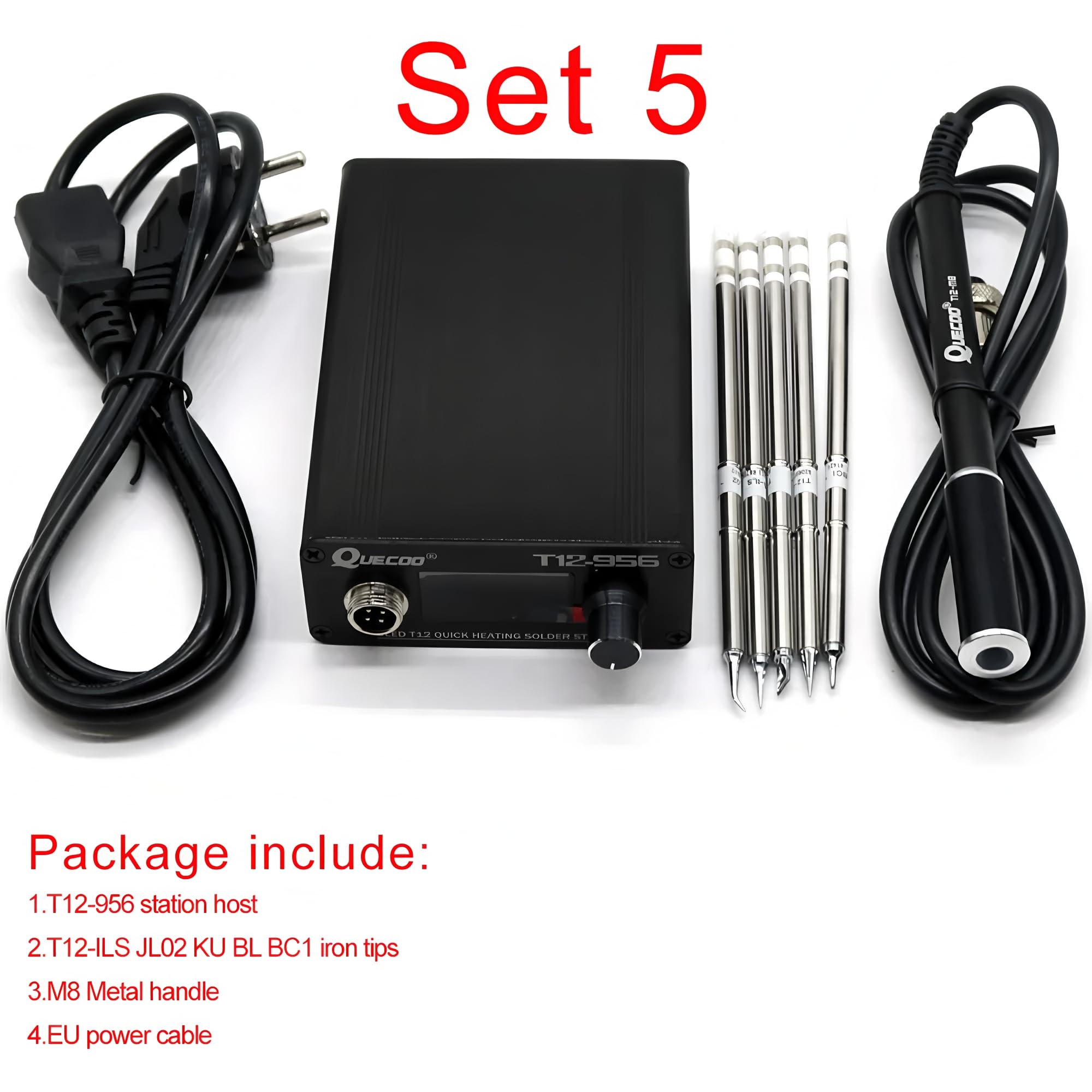 QUECOO T12-956 Estación Digital de Soldadura Hierro de Soldar Electrónico OLED de 1.3 pulgadas con mango negro M8 y puntas de soldador T12 (Kit T12-956 V)