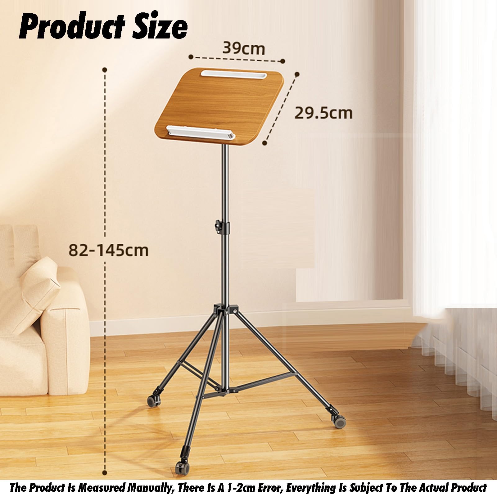 Soporte de suelo ajustable con base rodante y bandeja extraíble para partituras, laptop y pantalla