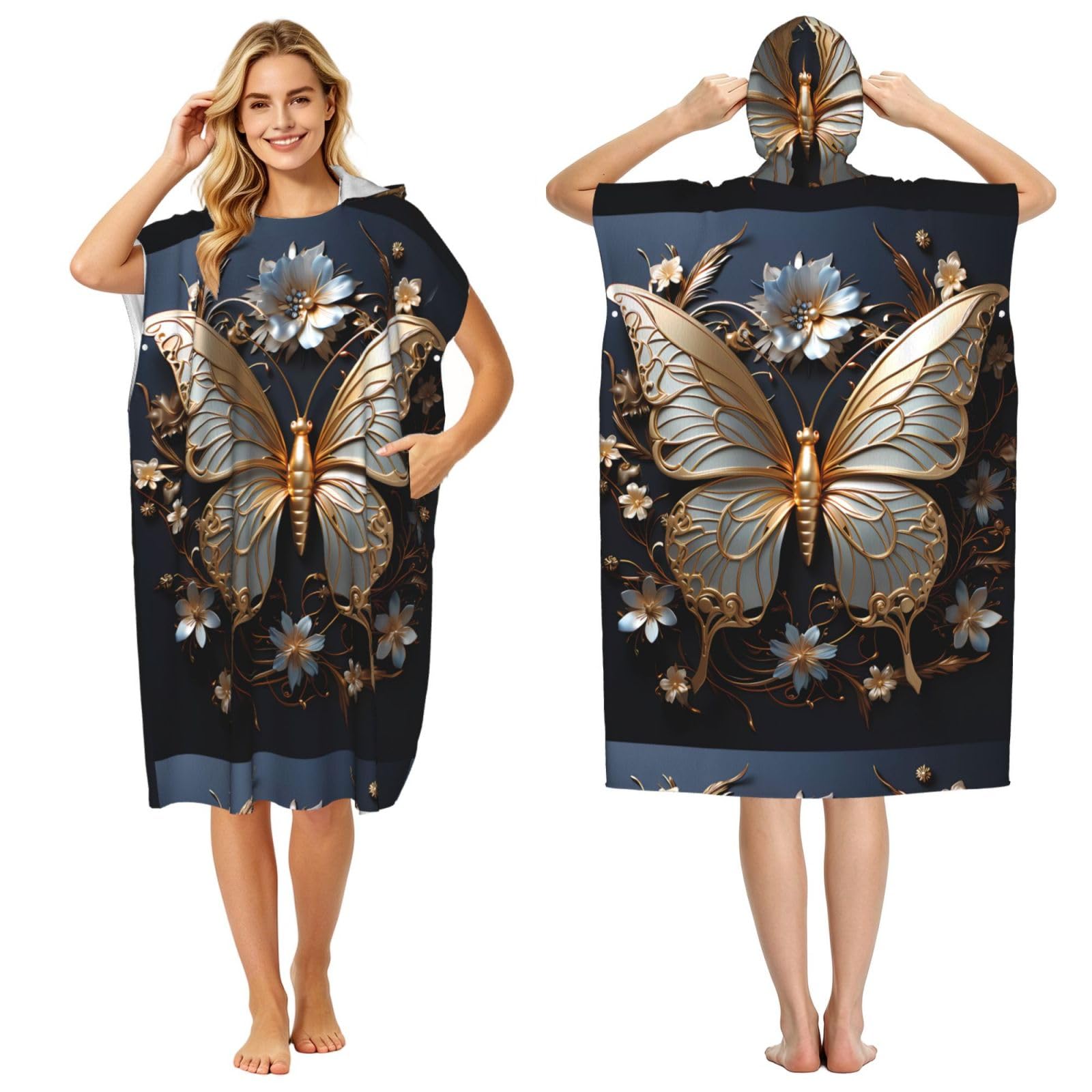 WSSYYBFGold White Butterflies Adult hooded beach towel Oversized with Hood for Absorbent Quick Dry