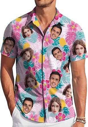 Custom Hawaiian Shirt W/Face for Men Personalized Funny Button Down Hawaiian Shirts w/Photo Tropical Beach Shirts