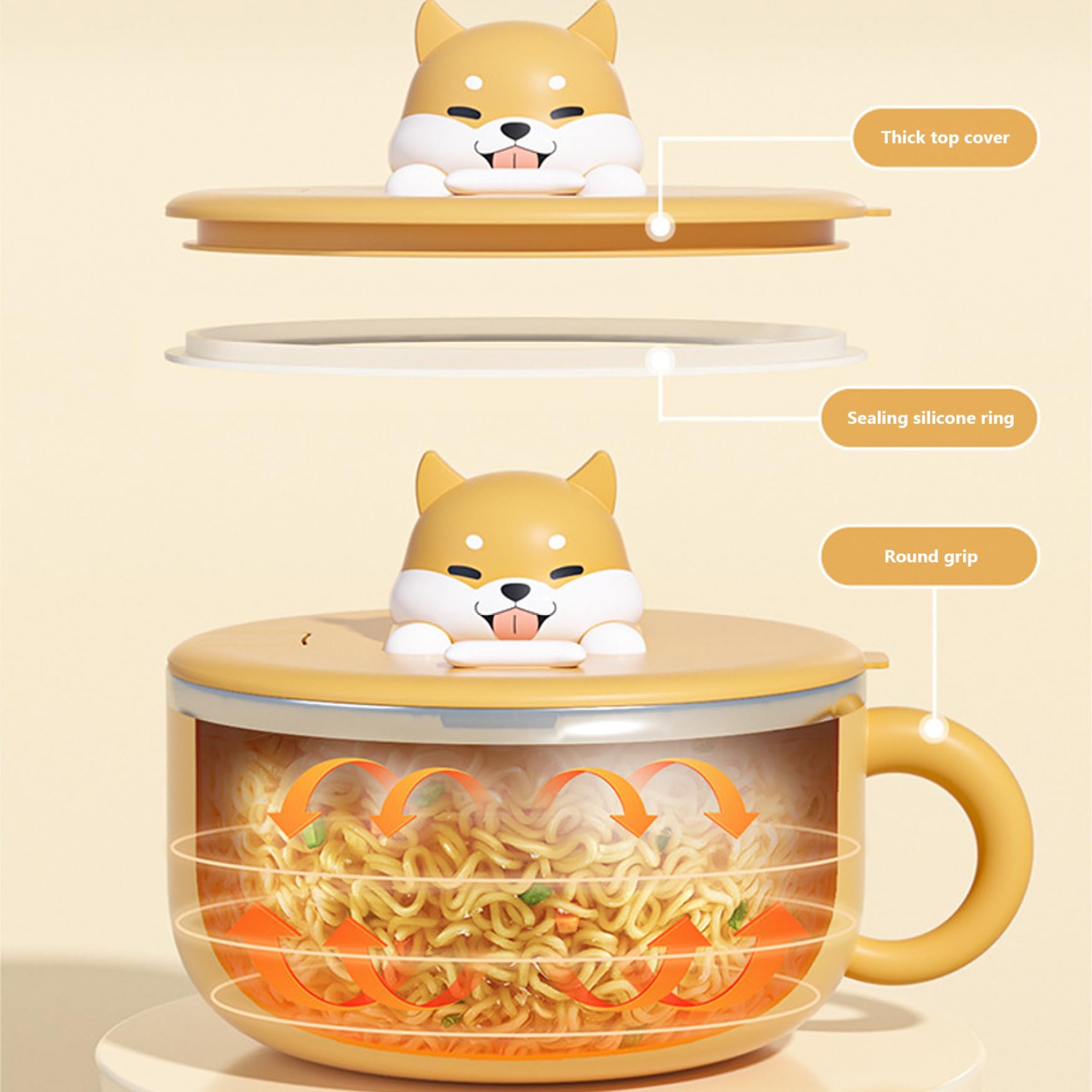 Ramen bol avec couvercle, bol de nouilles instantanées, bol de ramen de 1200 ml avec poignée et couvercle cuiseur ramen portable avec salade de cuillère à lunch basse de cuisine bol pour dortoir à la