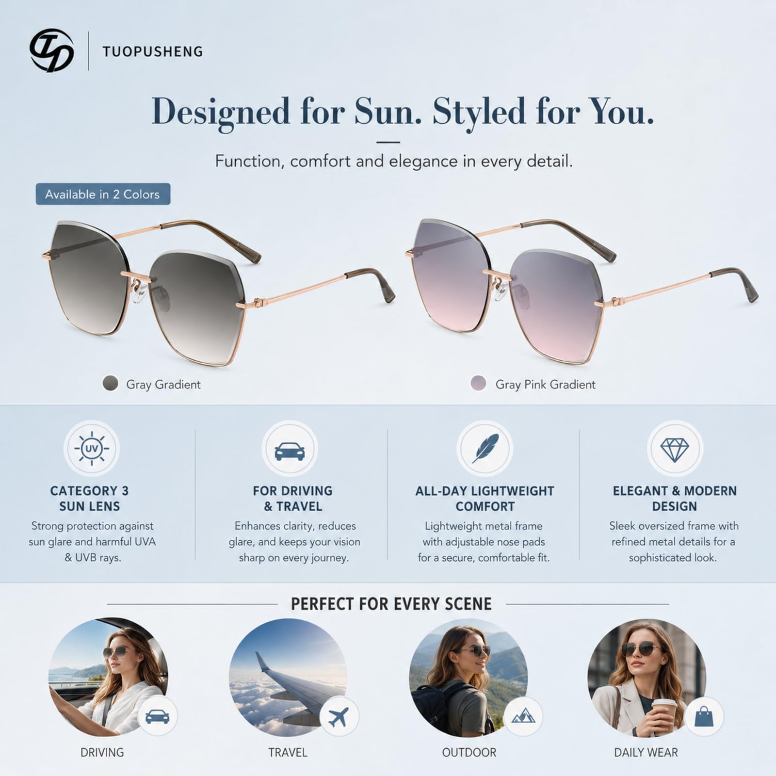 LVJMJ - Gafas de sol de nailon sin montura para hombre y mujer, UV400 Cat 3, montura dorada, lentes degradadas para conducción