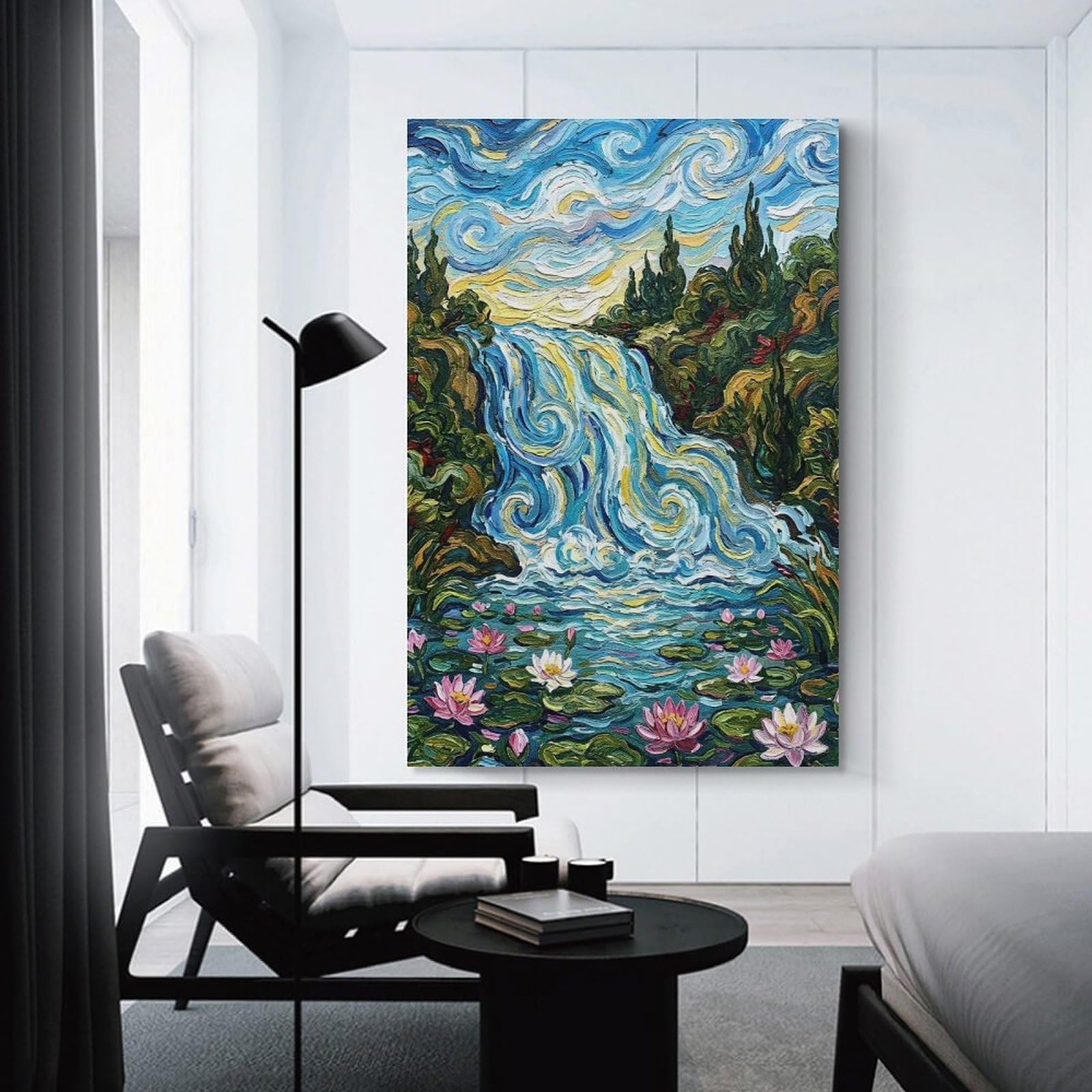 Junmoney Impressionistic Waterfall with Water Lilies Wall Art Print, 12x18inch(30x45cm), for Study, Office Or Focused Interiors, Home Office Artwork with Decorative Appeal