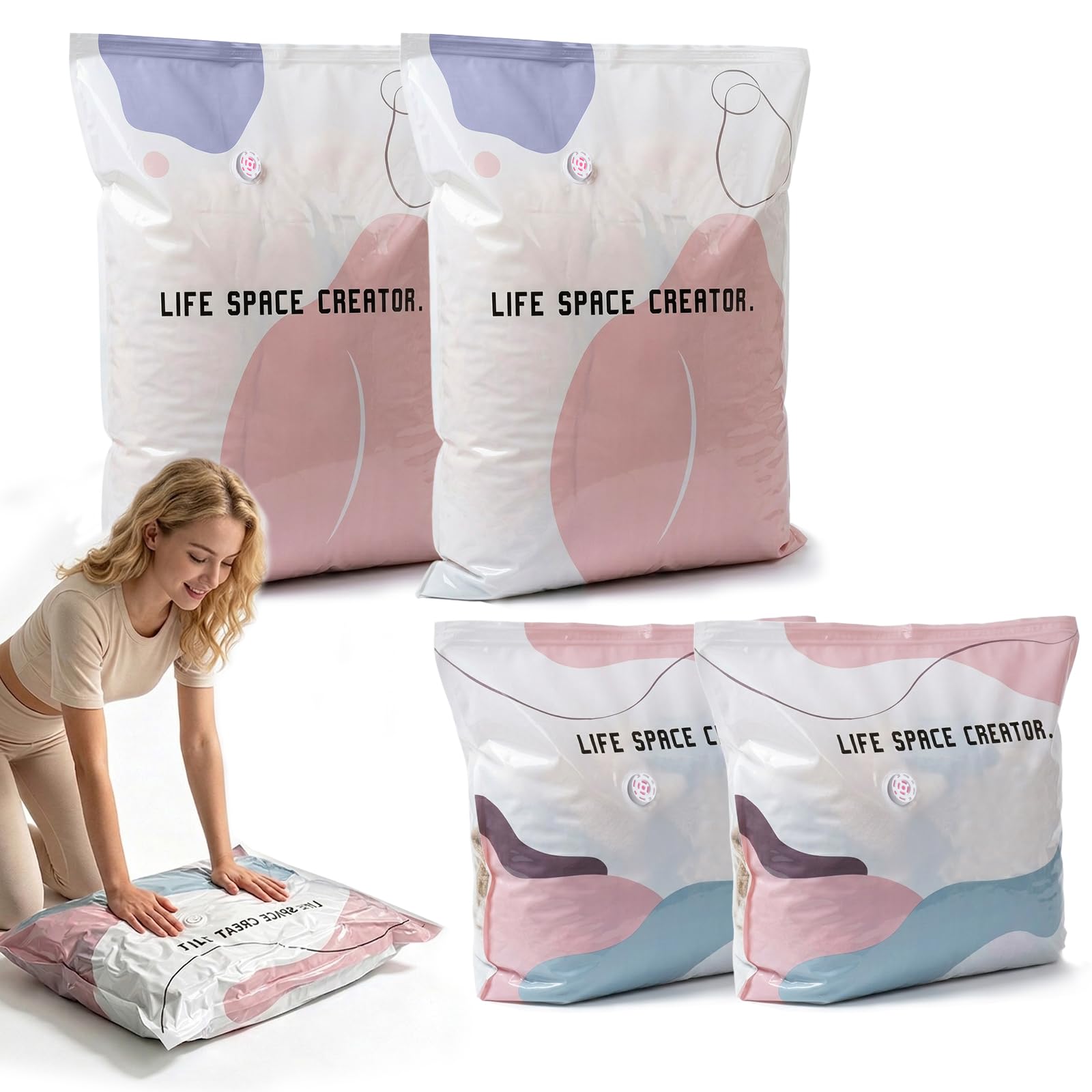 4 Pack No Pump Vacuum Storage Bags, 2 Large 80x100cm & 2 Medium 50x70cm Extra Thick Reusable Compression Space Saver Bags for Clothes Duvets Bedding Travel Wardrobe Storage