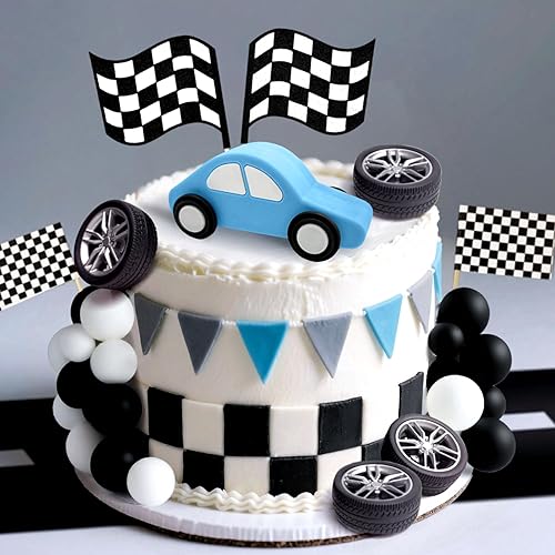 Miniatura 6 de JeVenis Decoración de pastel de coche de carreras, decoración de pastel de bandera a cuadros, decoración de pastel de crecer dos cumpleaños rápido