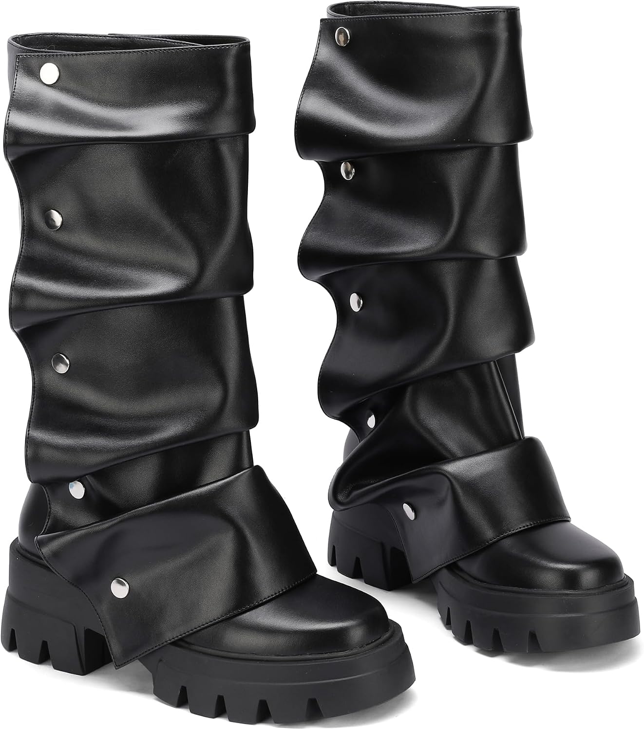 Women's Platform Mid-Calf Boots Fold Over Slouchy Style with Removable Ruched Panel Round Toe 3-In Chunky Heel Boots