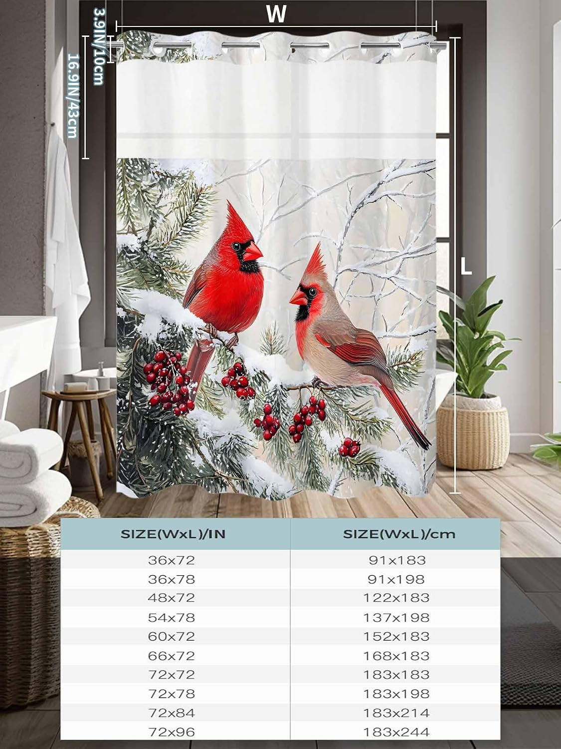 No Hook Shower Curtain, Christmas Red Birds Stall Bathroom Curtains with Snap in Liner, Winter Holiday Pine Branches Snowflake Waterproof Washable Fabric Shower Curtain Set, 48" x 72"