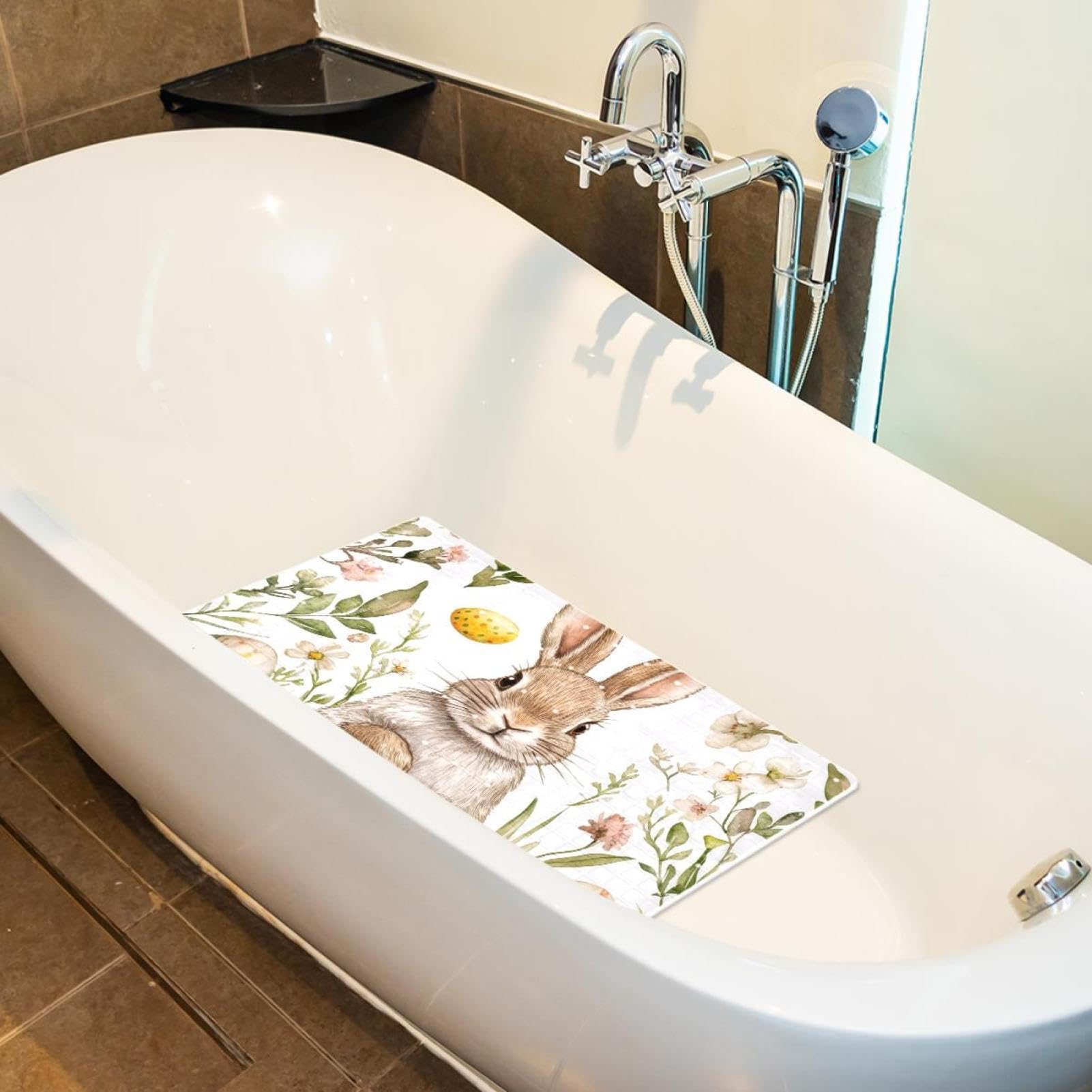 Badematten für die Badewanne, Motiv: Osterhasen und Blumen, rutschfest, rechteckig, Duschmatte mit Saugnäpfen, maschinenwaschbar, Badezimmermatte, 39,9 x 70,9 cm