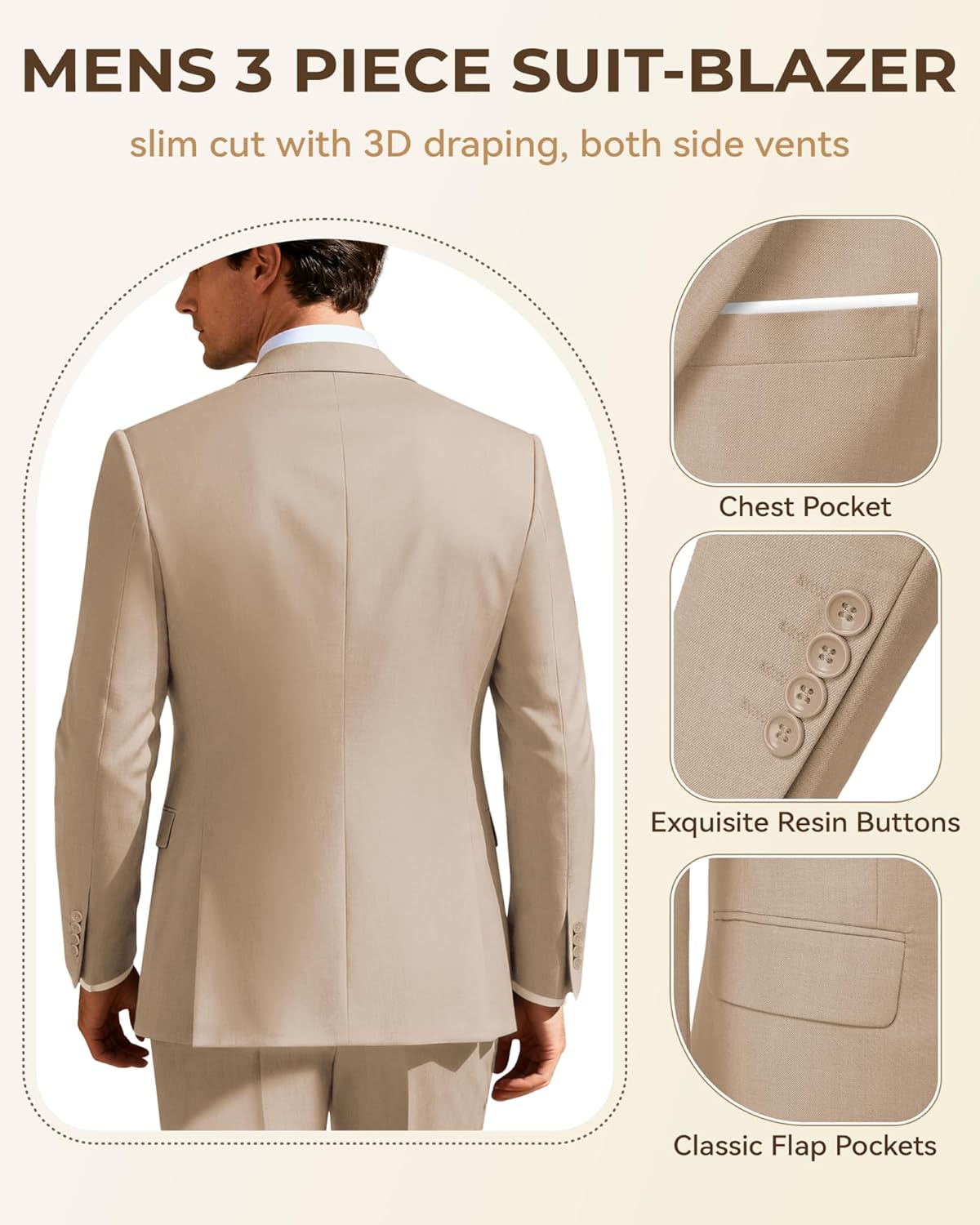 Men's 3 Piece Slim Fit Suit Set, Two Button Blazer Solid Jacket Vest Pants Wedding Business Suit - Image 3