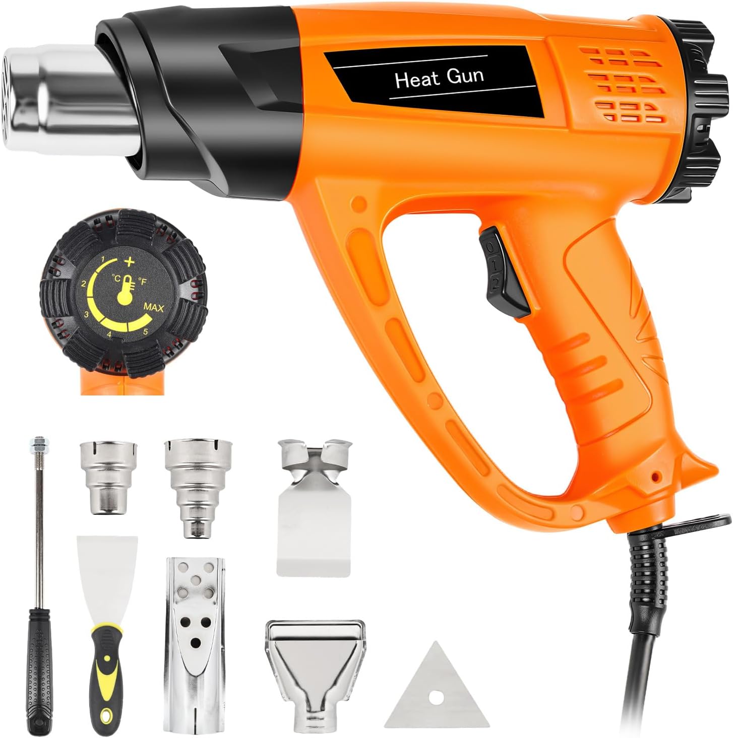 Heat Gun 1800W 140℉~1112℉ (60℃-600℃) Heavy Duty Fast Heating Hot Air Gun Kit Variable Temperature Control with Overheat Protection, 5 Nozzles for Crafting, Shrink Tubing, Vinyl Wrap, Resin, DIY