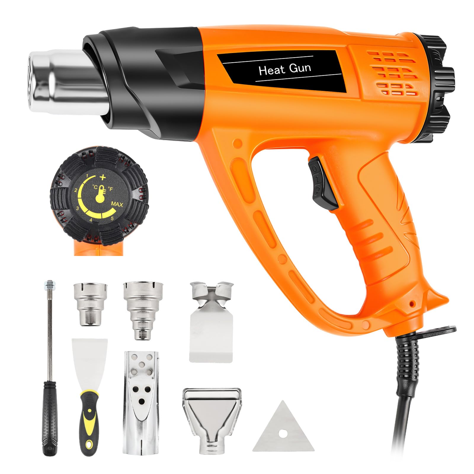 Heat Gun 1800W 140℉~1112℉ (60℃-600℃) Heavy Duty Fast Heating Hot Air Gun Kit Variable Temperature Control with Overheat Protection, 5 Nozzles for