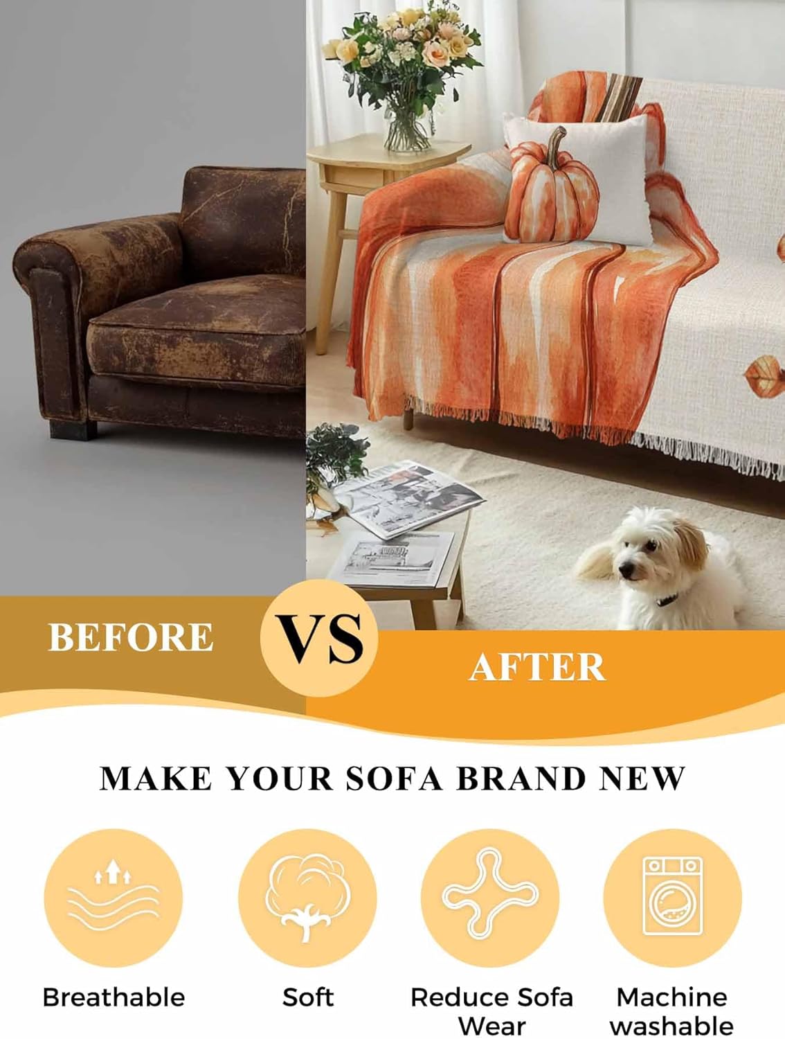 Farmhouse Pumpkin Sofa Cover Couch Cushion Slipcover,Thanksgiving Fall Harvest Autumn Orange Armchair Sectional/Individual/L/T Shape Sofa Couch Furniture Non Slip Throw Blanket Cover,S 71"x91"