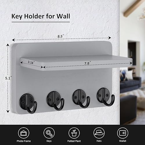 Miniatura 10 de Soporte de pared para llaves, organizador de pared de madera pequeño de 8.5 pulgadas para decoración del hogar con 4 ganchos y estante, decoración