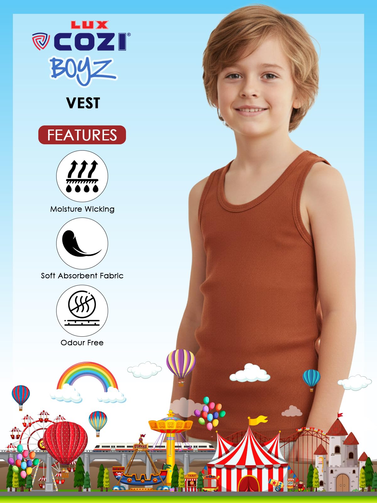 Lux Cozi Boy's Pack of 6 Muticolor Super Combed Cotton Round Neck Sleeveless Color Vest (Size : 45cm) Multicolour 1