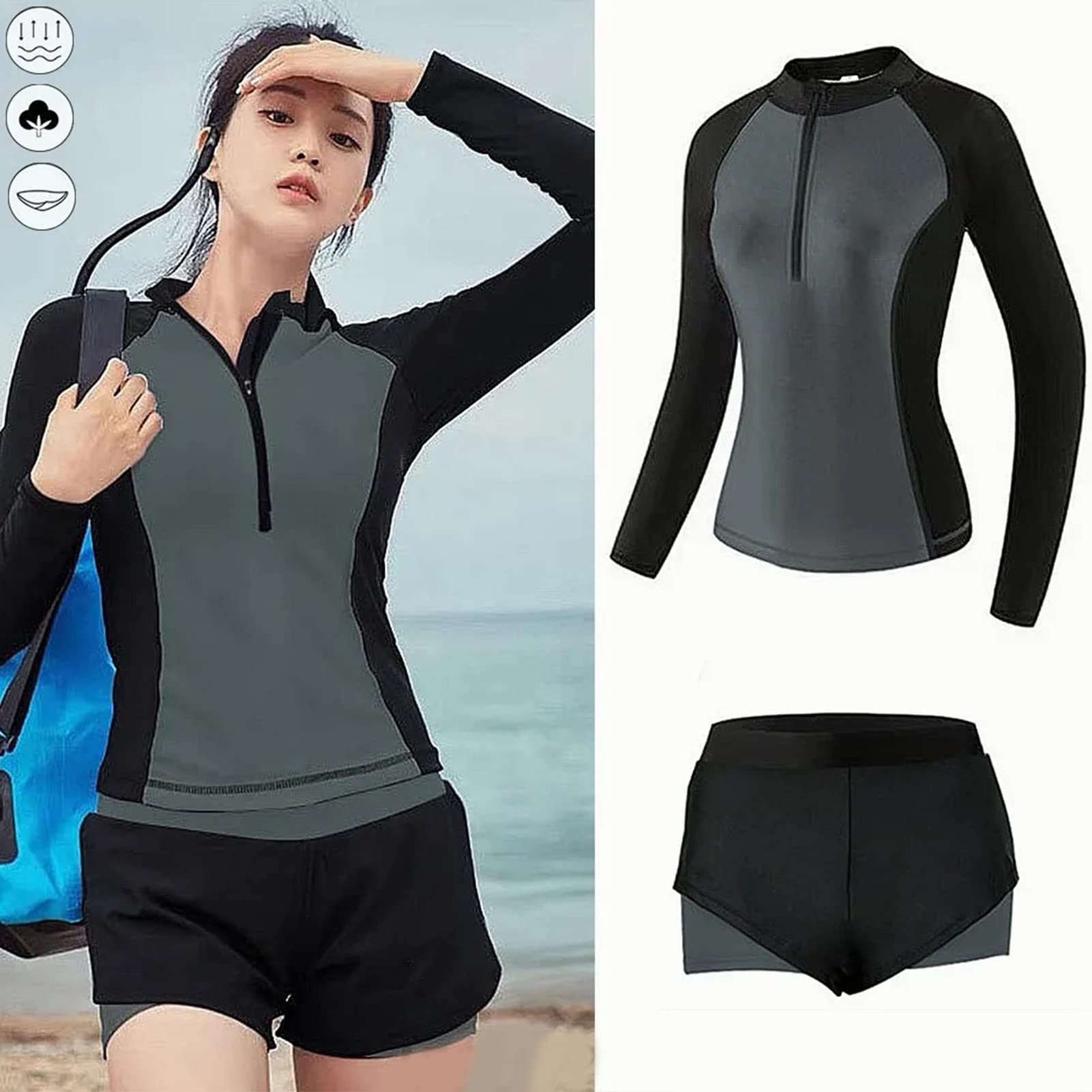 Traje de baño de dos piezas para mujer manga larga protección solar cuello redondo secado rápido deportivo