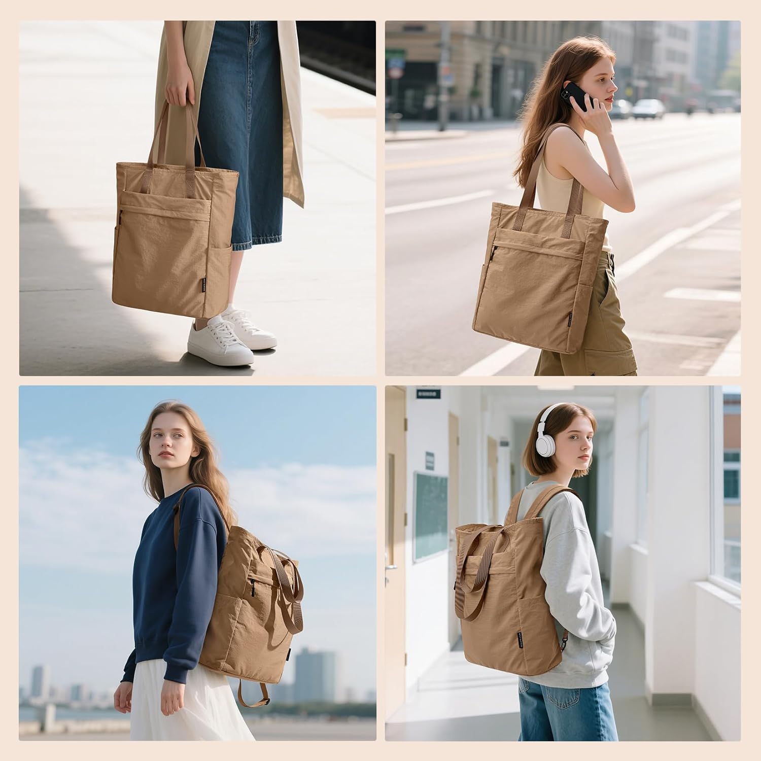 GOLF SUPAGS Foldaway Convertible Tote Backpack Lightweight Nylon Daypack for Women Men City Pack Versatile Backpack for Leisure Travel, Gravel Brown - Image 7