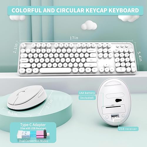 Miniatura 5 de Combo de teclado y mouse inalámbricos, teclado ergonómico de tamaño completo con diseño retro tipo máquina de escribir, con teclas redondas, Blanco