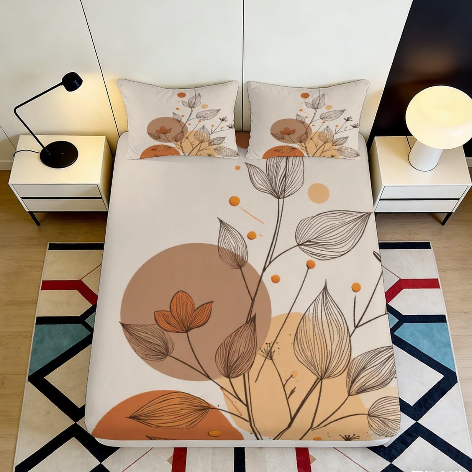 3D Printed Botanical Abstract Fitted Sheet Microfiber Soft Breathable Geometric Bed Cover for Bedroom Decor 90x200x25cm