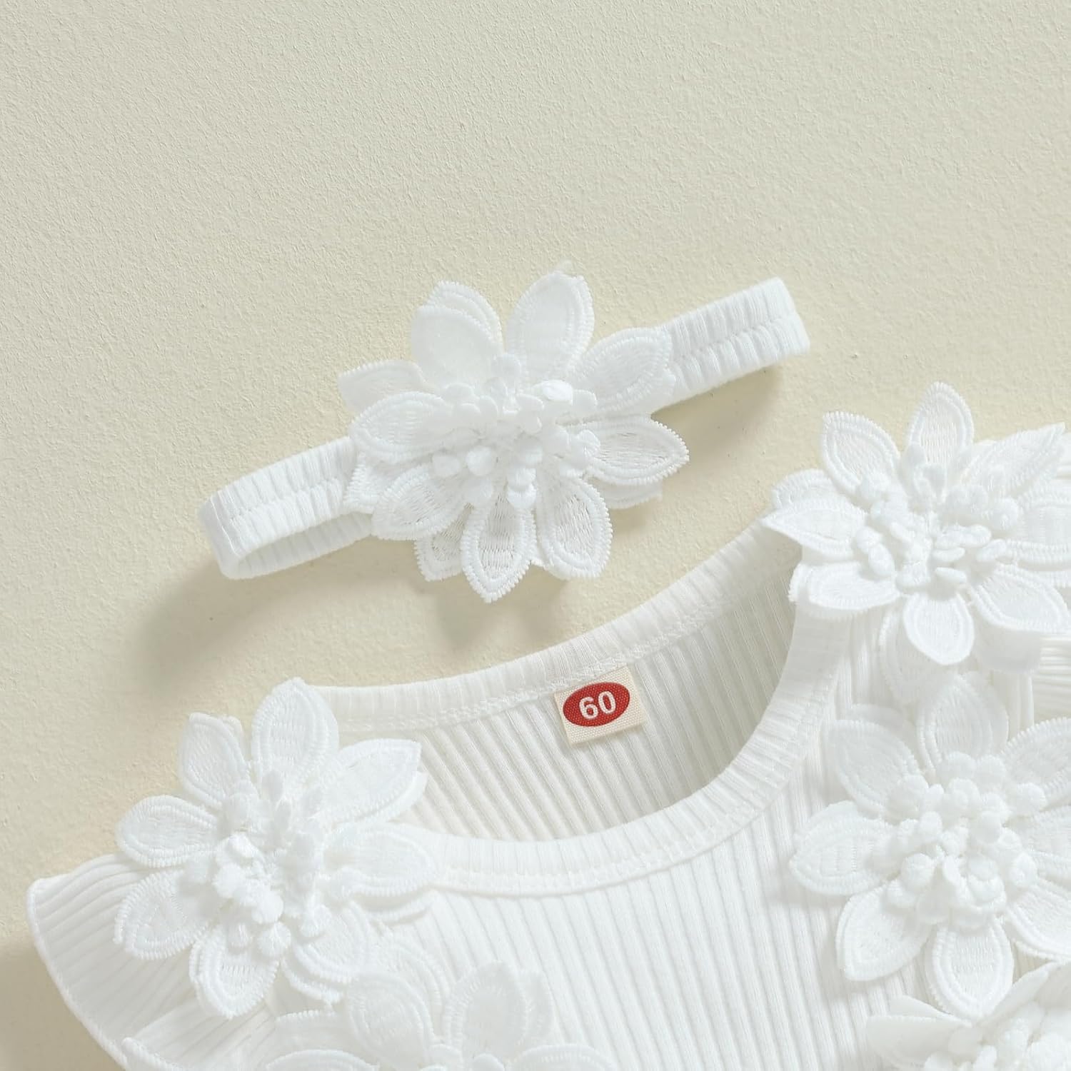 Baby Girl Romper Dress Lace Flowers Long Sleeve Knit Bodysuit Fall Winter Outfit with Headband - Image 5