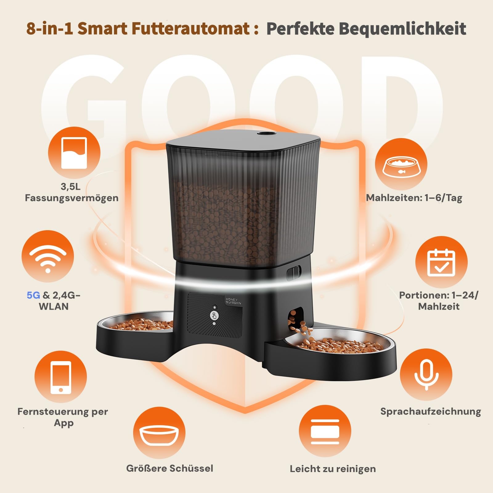 Futterautomat Katze 2 Näpfe mit APP, HONEYGUARDIAN 5G WiFi Intelligenter Katzenfutter Automat, Automatischer Futterspender Katze Hund mit 4 Schüsseln (Edelstahl+Langsame Schüssel), Einfache Bedienung