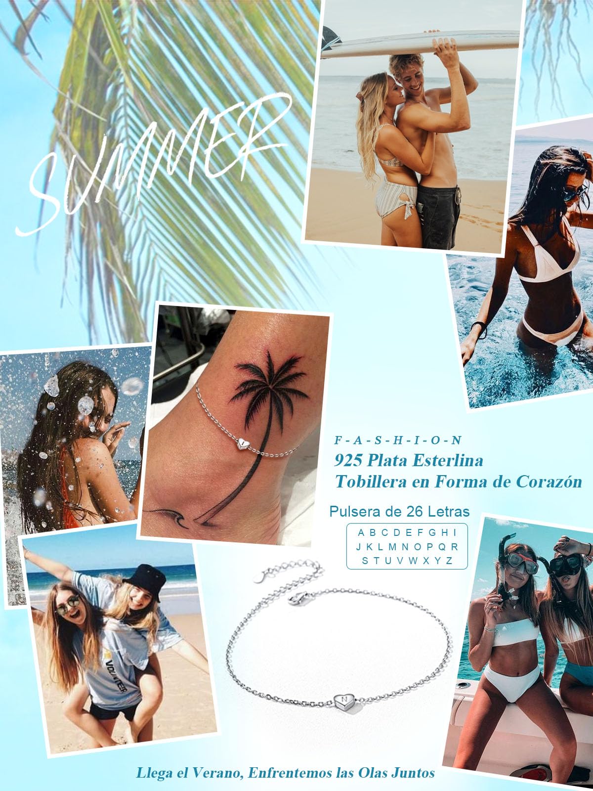 Silvora Inicial S Letras Plata Tobillera Corazón Playa Mujer, Tobillera Pulsera Plata de ley con colgante, gratis caja de regalo - 22cm con alargador 5cm