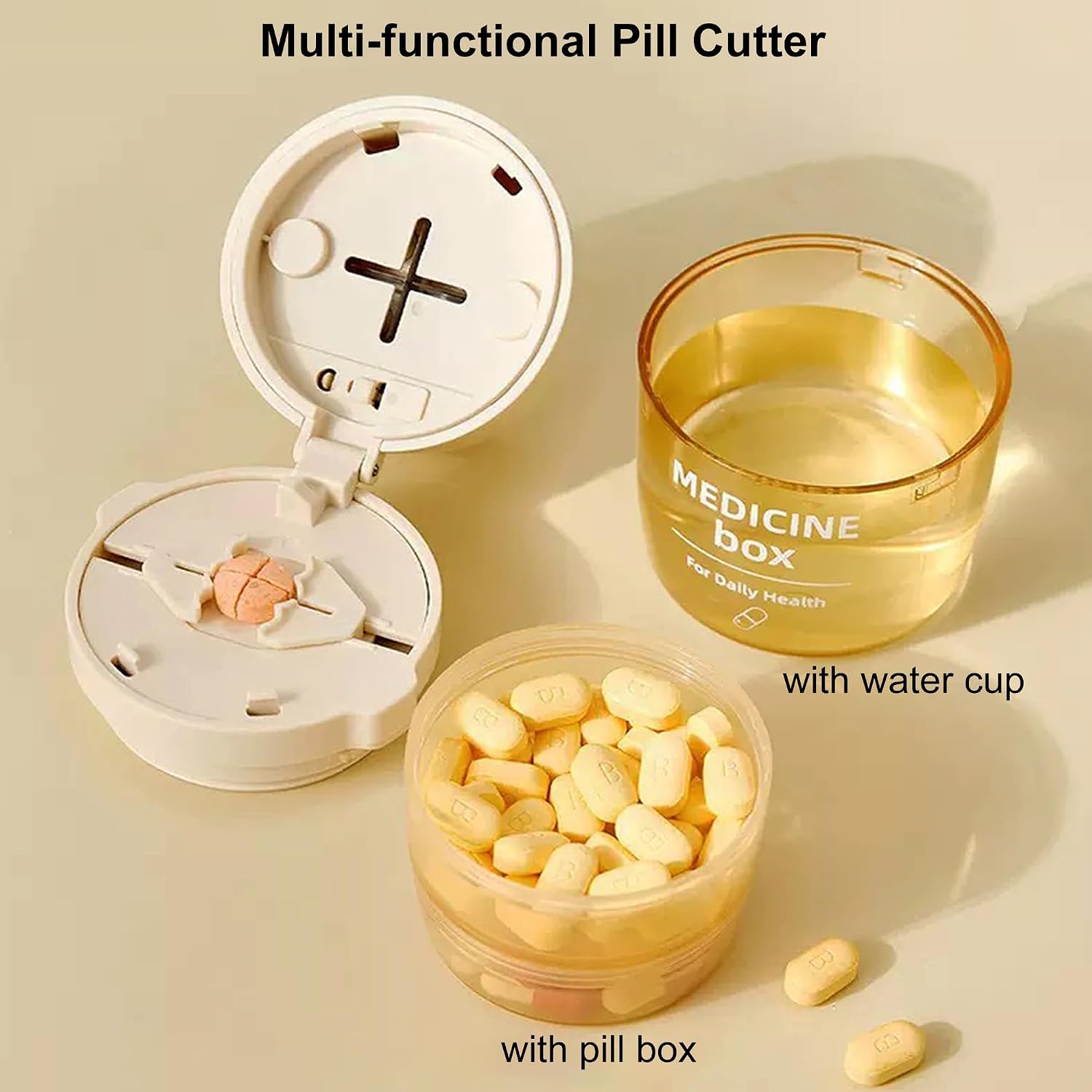 Longjet Multi-Functional Pill Cutter with Pill Crusher, 1/2 and 1/4 Splitter, Pill Box, and Cup, Portable for Tablets, Vitamins, Medication