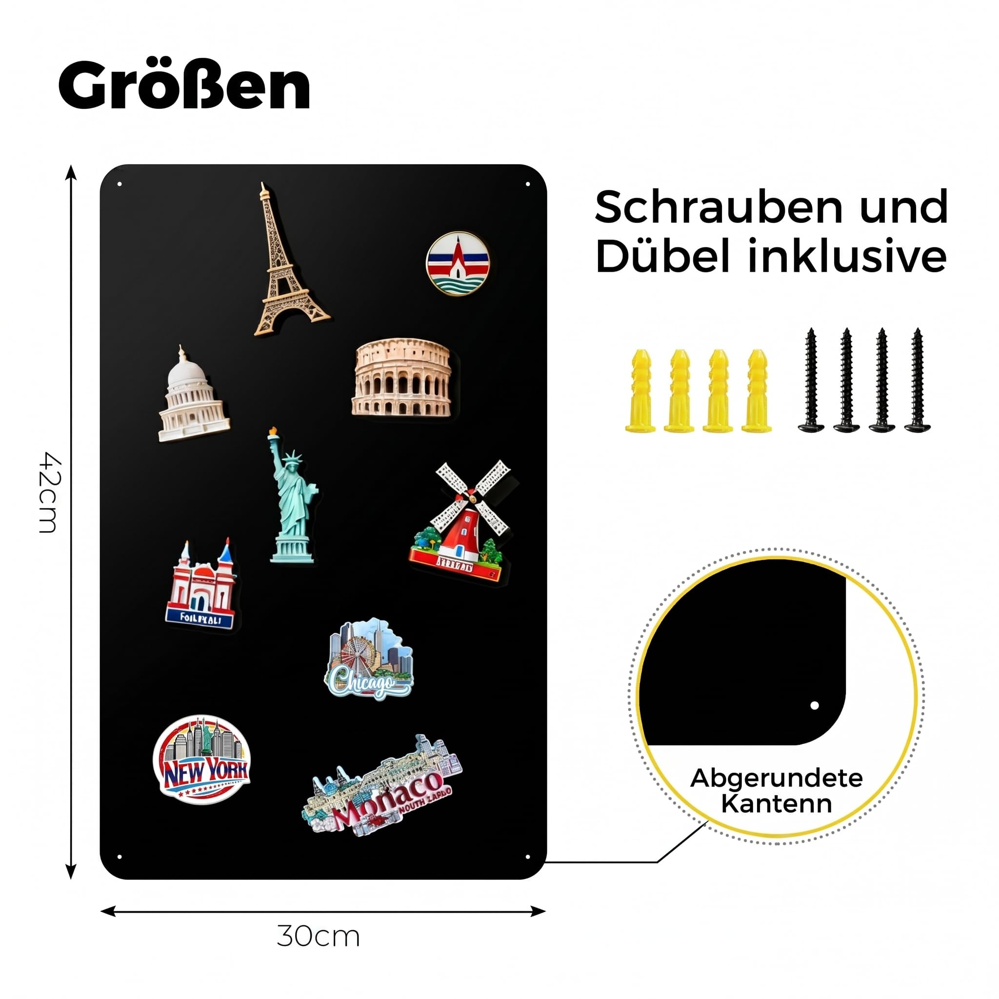 Schmale Magnettafel Schwarz 30x42cm: Platzsparend Matt Magnetwand Schmal für Souvenir Magnete für Kleine Räume & Reiseliebhaber