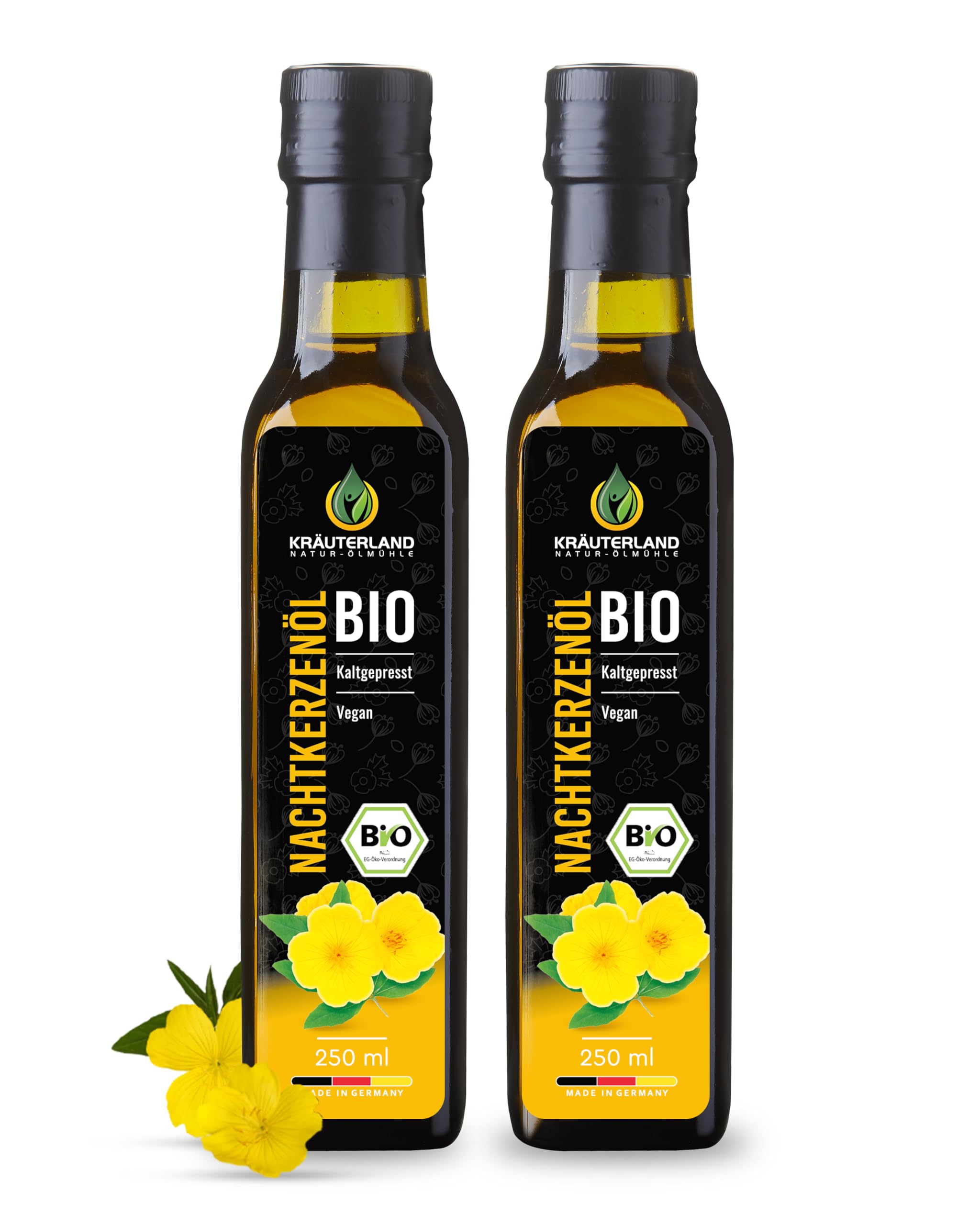 Kräuterland Bio Nachtkerzenöl 2X250ml (500ml), Bio Nachtkerzensamen, Kaltgepresst, naturrein ohne Zusatzstoffe, Vegan & GVO-frei, geeignet für Kosmetik, Premium Qualität