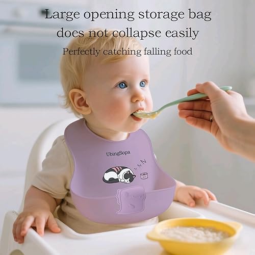 Miniatura 5 de Baberos de silicona para bebés: ajustables, suaves, impermeables y duraderos, con gran bolsillo para atrapar alimentos, aptos para la alimentación
