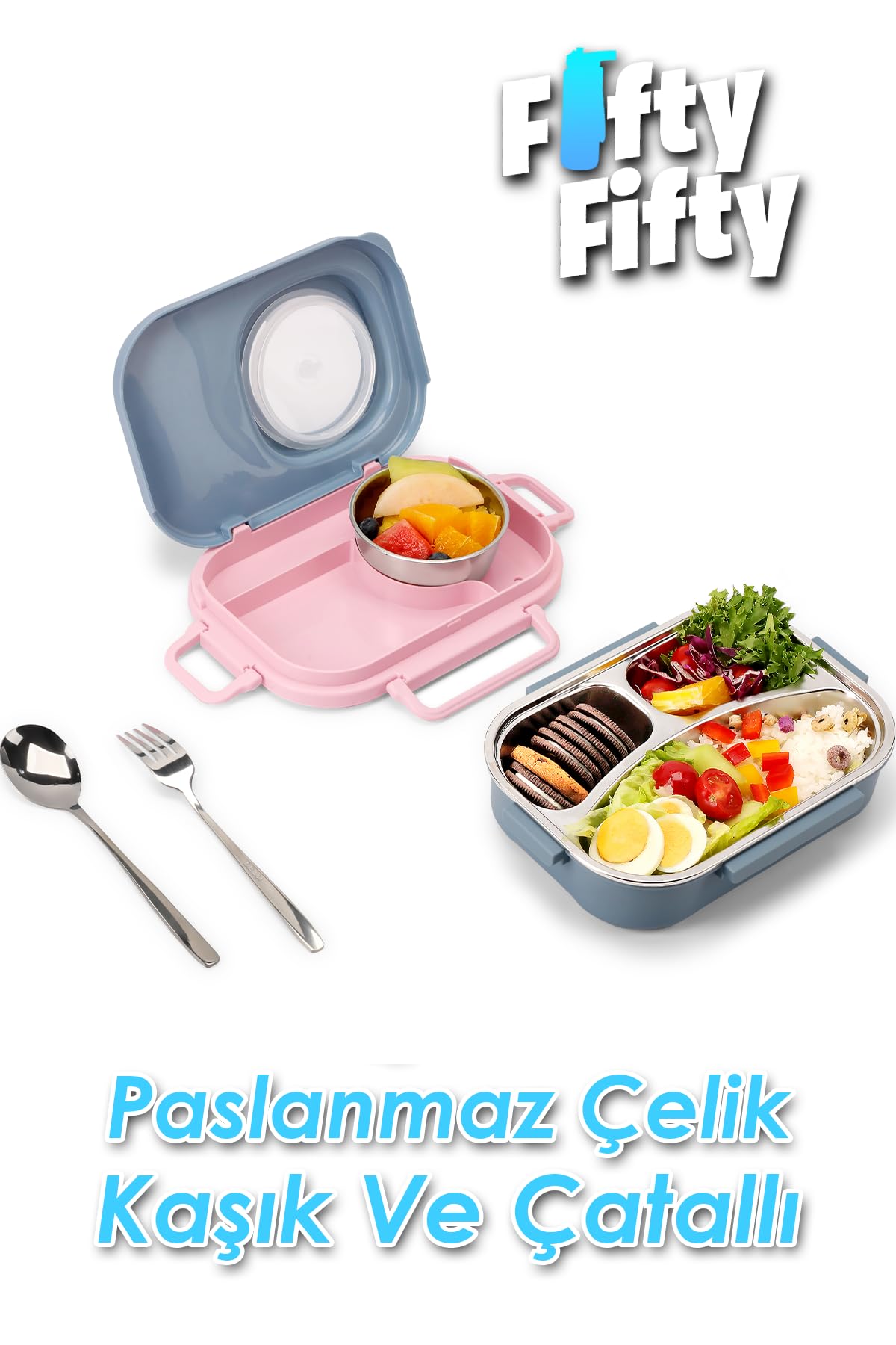 Uzspace 600 ML Çorba Kaseli-Çelik Kaşık Çatallı Paslanmaz Çelik Bento Lunch Box Yeni Nesil Sefer Tası-FFLBOX8021600 (Pembe)