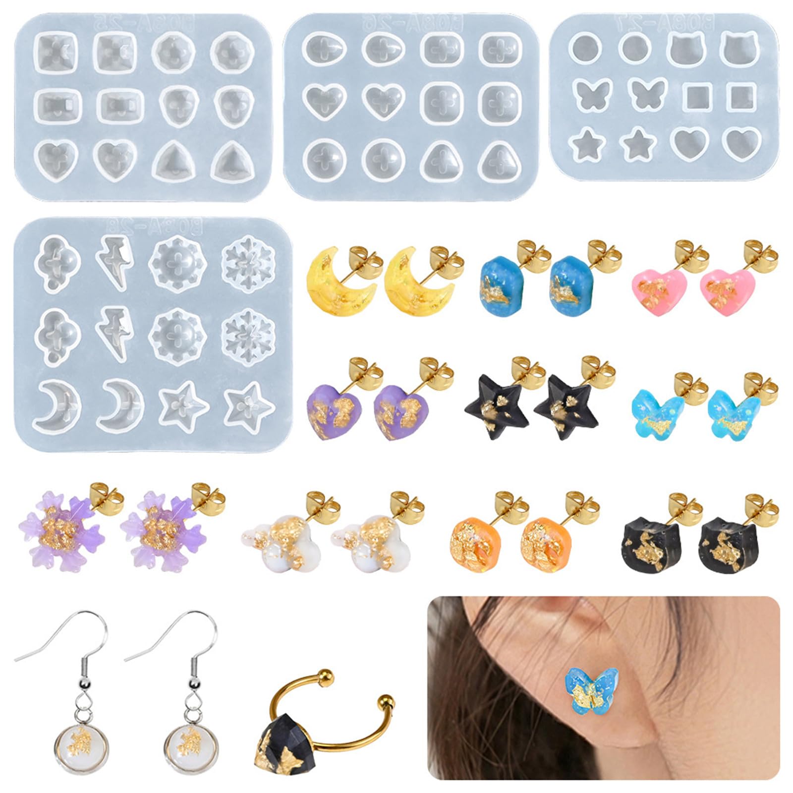 Xidmold 4Pcs Stud Earrings Resin Moulds, Gemstone Ear Stud Silicone Mold, Crystal Stone Jewelry Making Casting Moulds