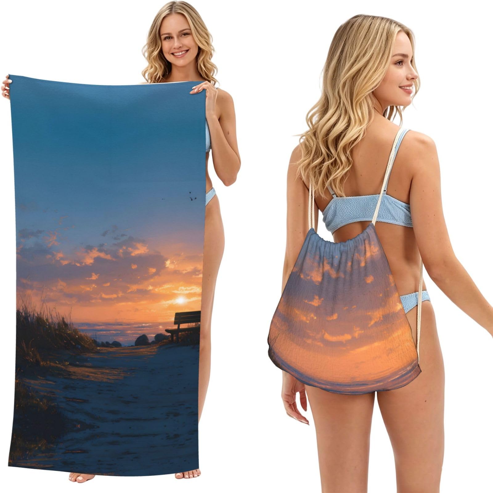 ESNAIUVCD Sunrise Print Beach Towel For Adults,Towel With Drawstring Bag, Travel Pool Swimming Sports Shower Sand Free Quick Dry Bath Towel For Pool, Beach, Yoga- 180x60cm
