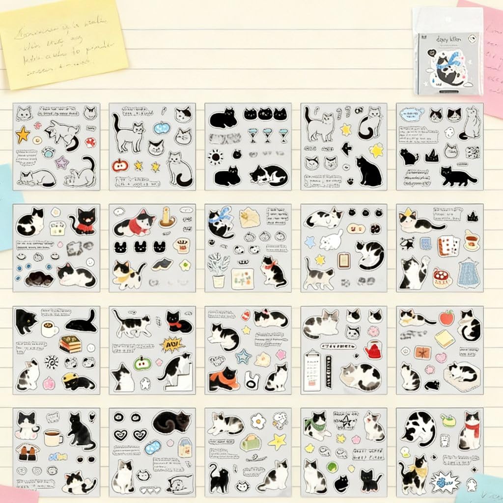 Cat Planner Stickers,20-Pack Small Cat Stickers for Phone Case,Mini PET Stickers with Cute Cats & Funny Text