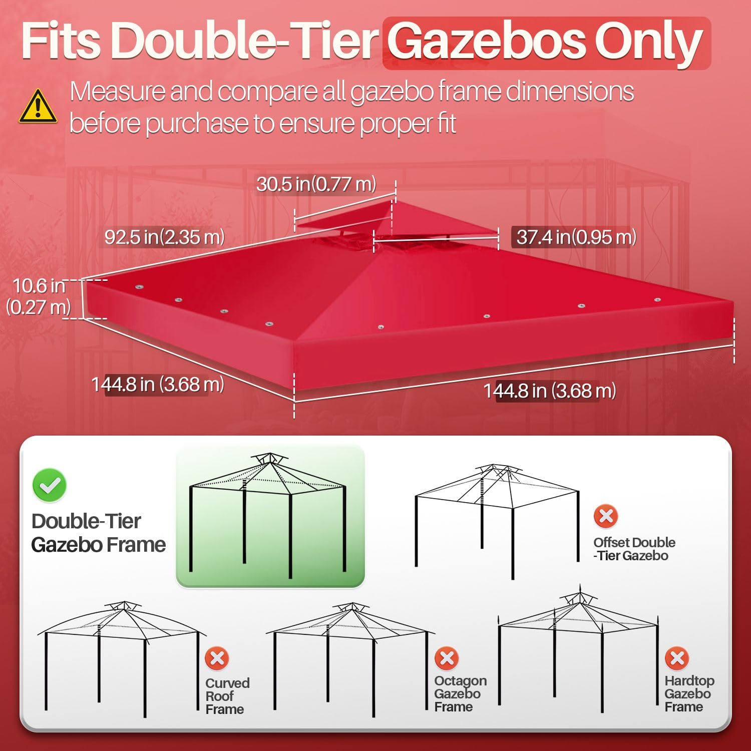 Flexzion Toile de Remplacement pour tonnelle 3,6 x 3,6 m - Couverture Double Toit avec Protection UV30+, résistante à la saleté et à l'eau pour extérieur, ombrage, Jardin, Patio, pavillon (Rouge)