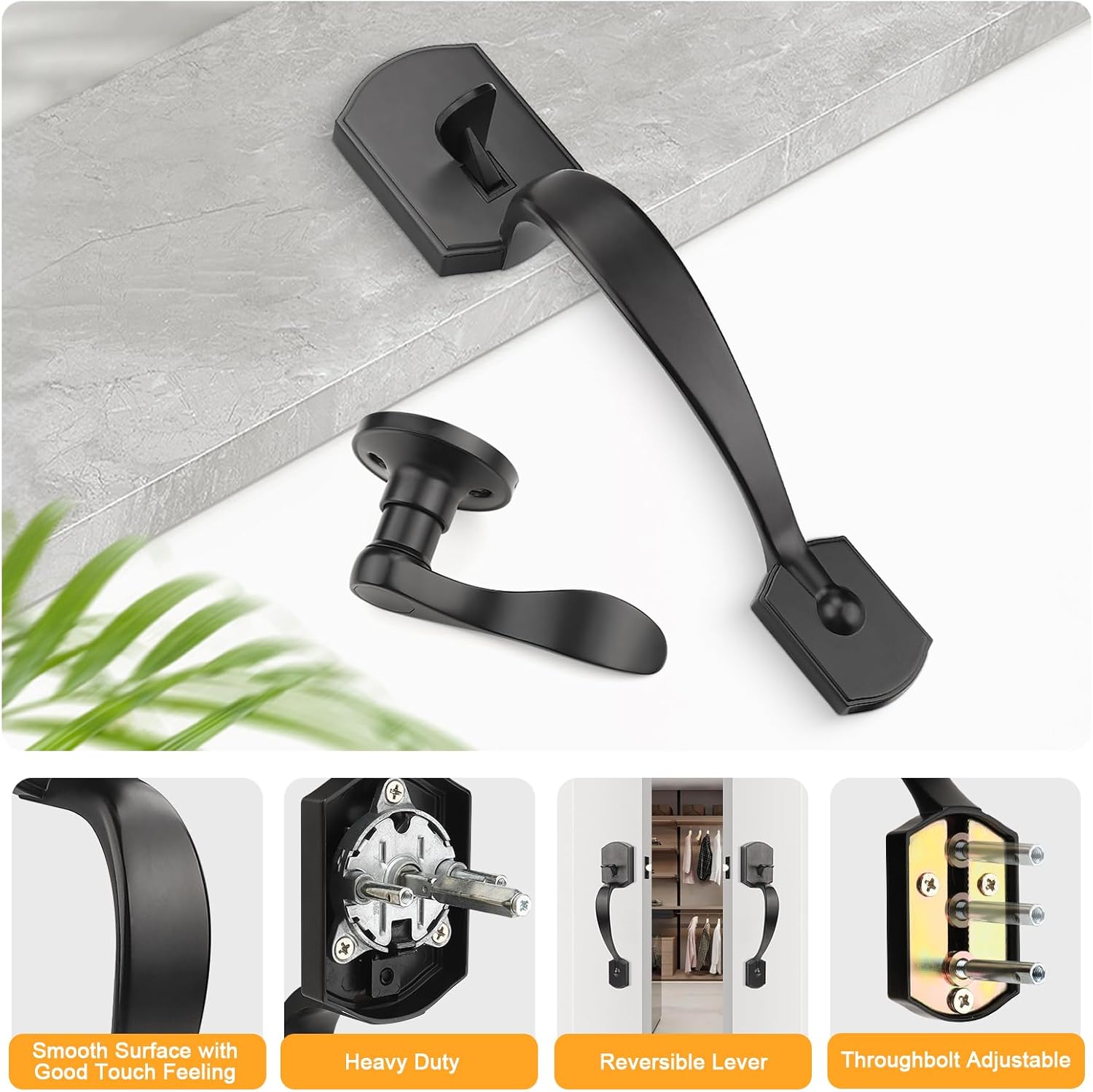 Probrico Black Lower Half Front Entry Handleset, Heavy Duty Entry Door Handle with Interior Reversible Handed Lever, Lock Grip Handle with Wave Lever Keyless Door Locks, 1Pack