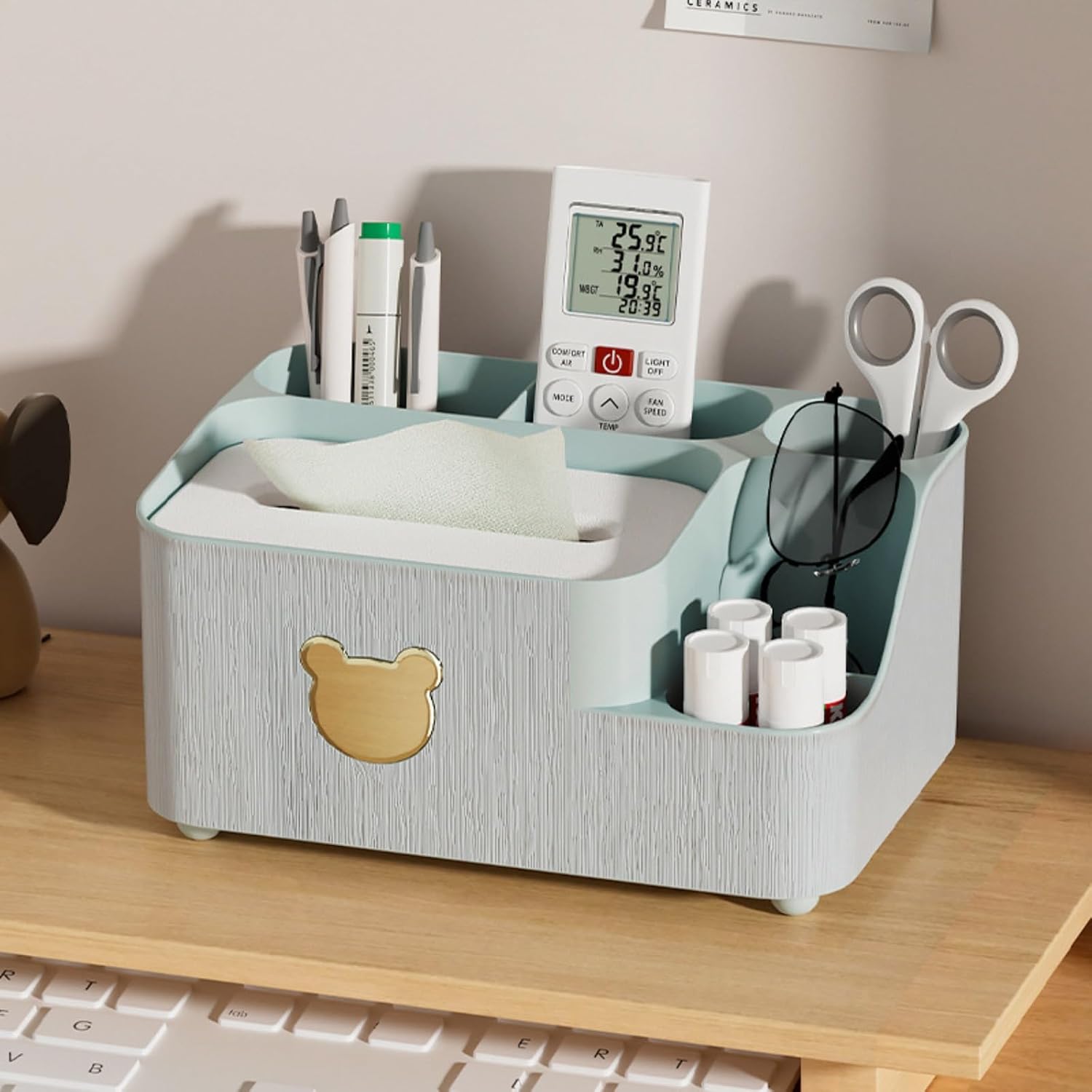 Multifunctional Desktop Remote Control Storage Box (3 Colors), Creative Multi-Compartment Pen Holder & Tissue Box, Desk Office Living Room & Bedroom Organizer (white) image 2